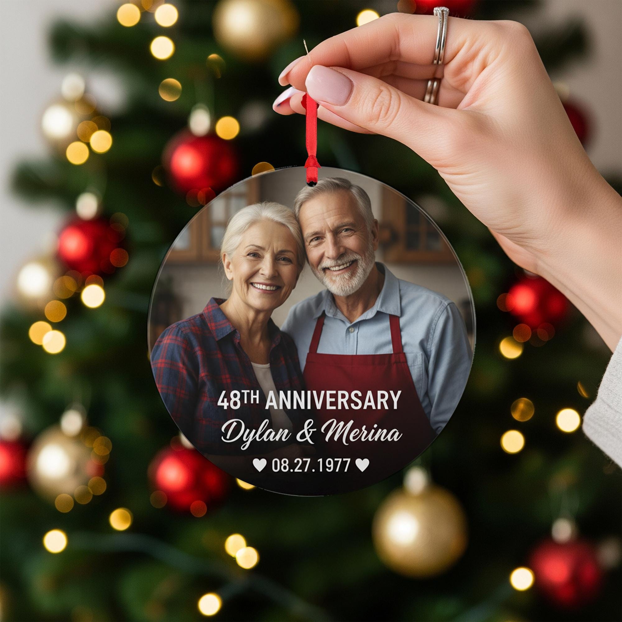 Personalized Photo Anniversary Ornament – Custom Round Design with Names and Date