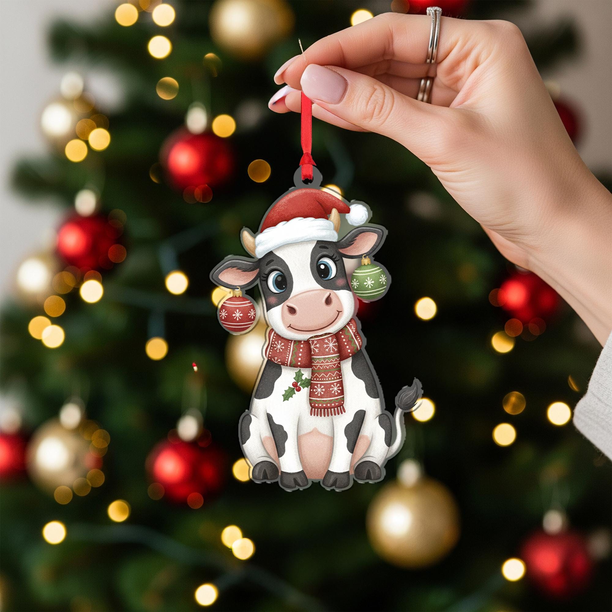 Cow Ornament with Santa Hat and Scarf, Farm Animal Christmas Decoration with Baubles