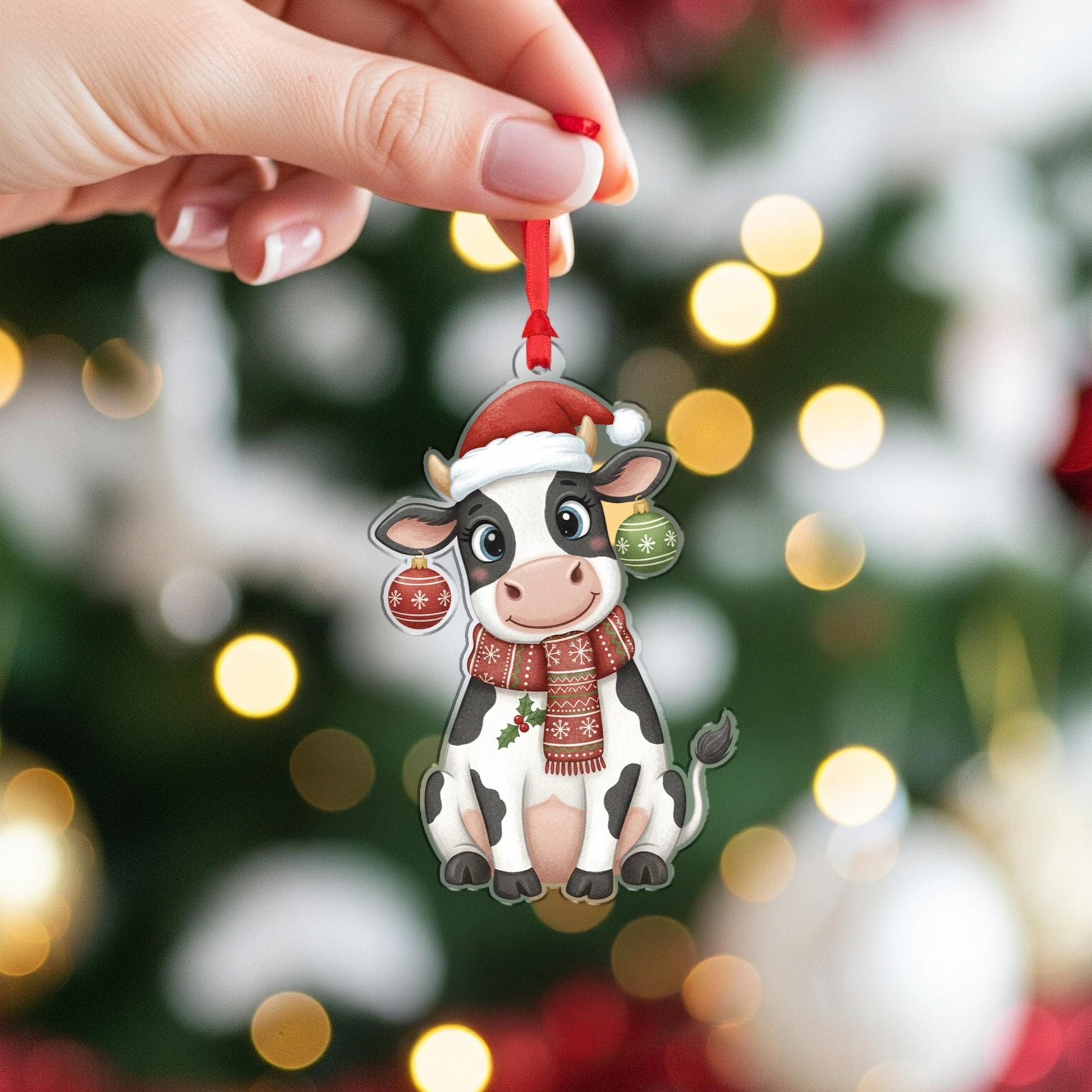 Cow Ornament with Santa Hat and Scarf, Farm Animal Christmas Decoration with Baubles