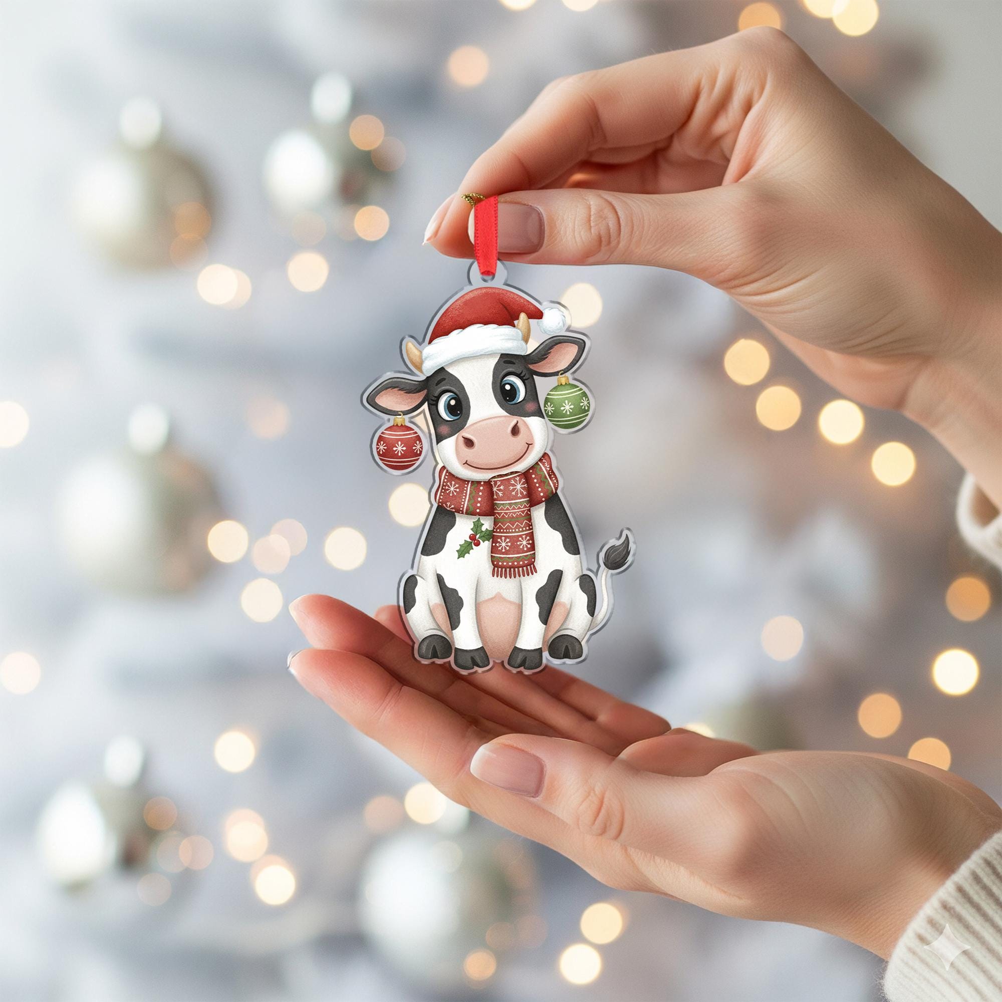 Cow Ornament with Santa Hat and Scarf, Farm Animal Christmas Decoration with Baubles