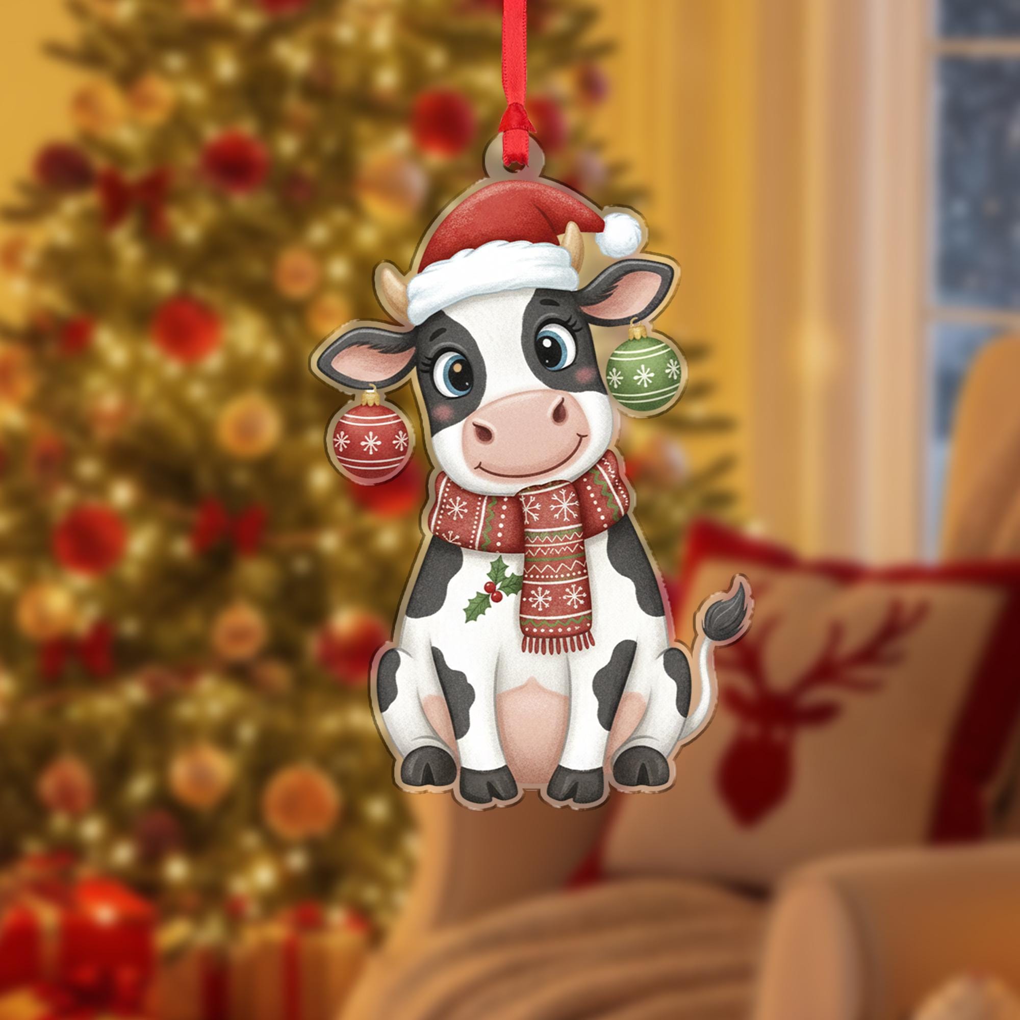 Cow Ornament with Santa Hat and Scarf, Farm Animal Christmas Decoration with Baubles
