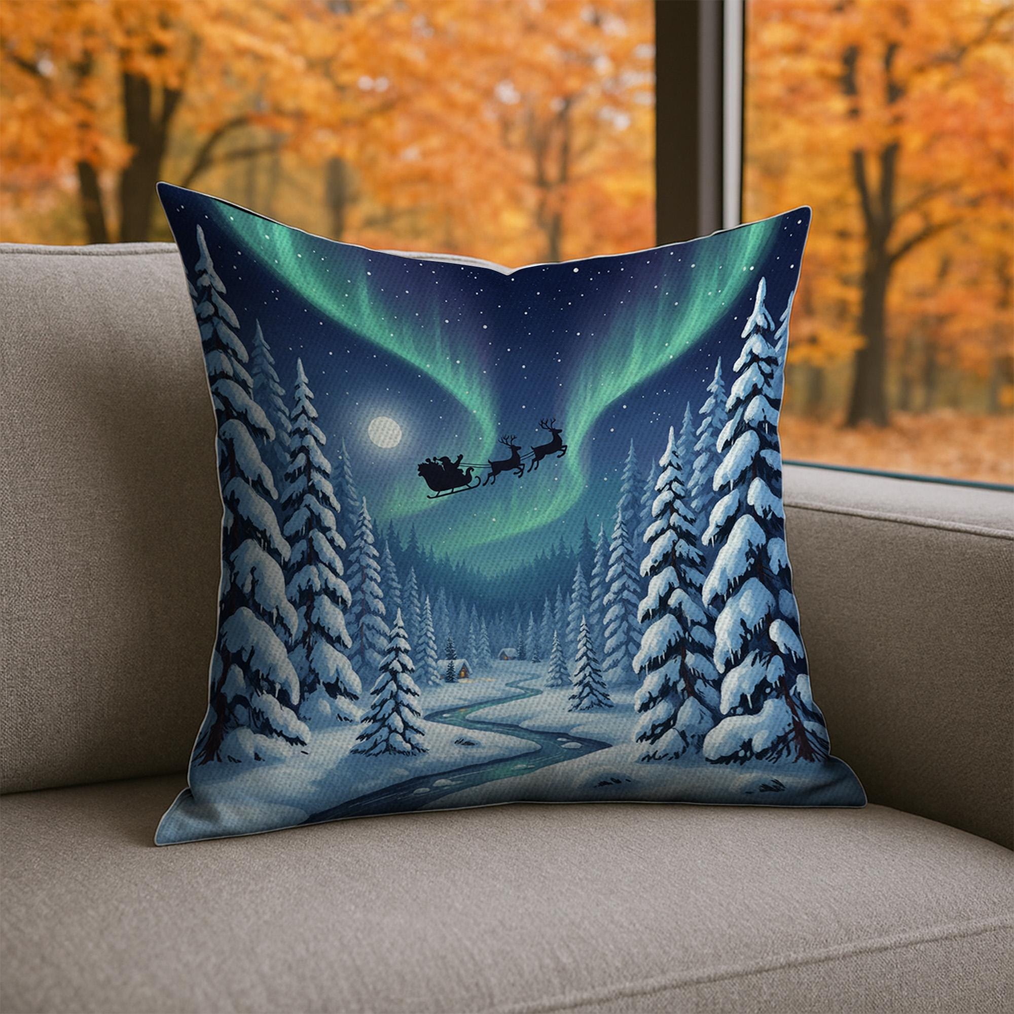 Christmas Pillow with Santa Sleigh and Northern Lights, Winter Snowy Forest Decorative Cushion