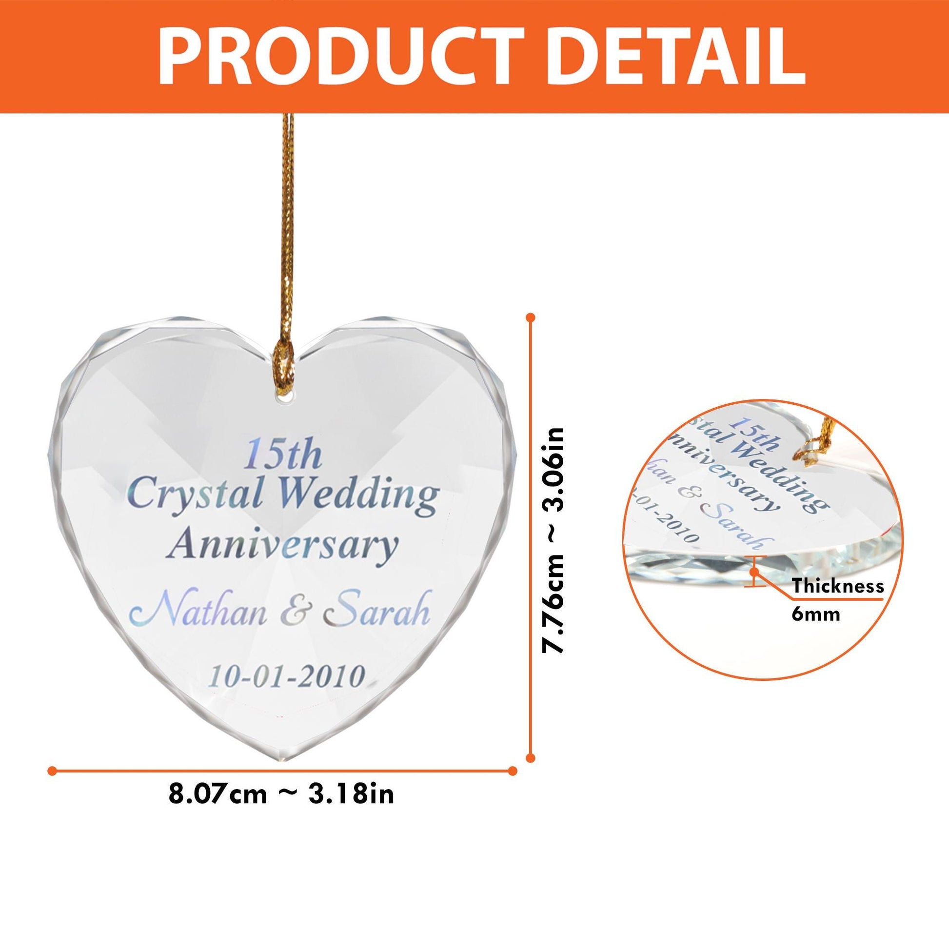 Personalized Crystal Heart Anniversary Ornament – 15th Anniversary Gift for Couples