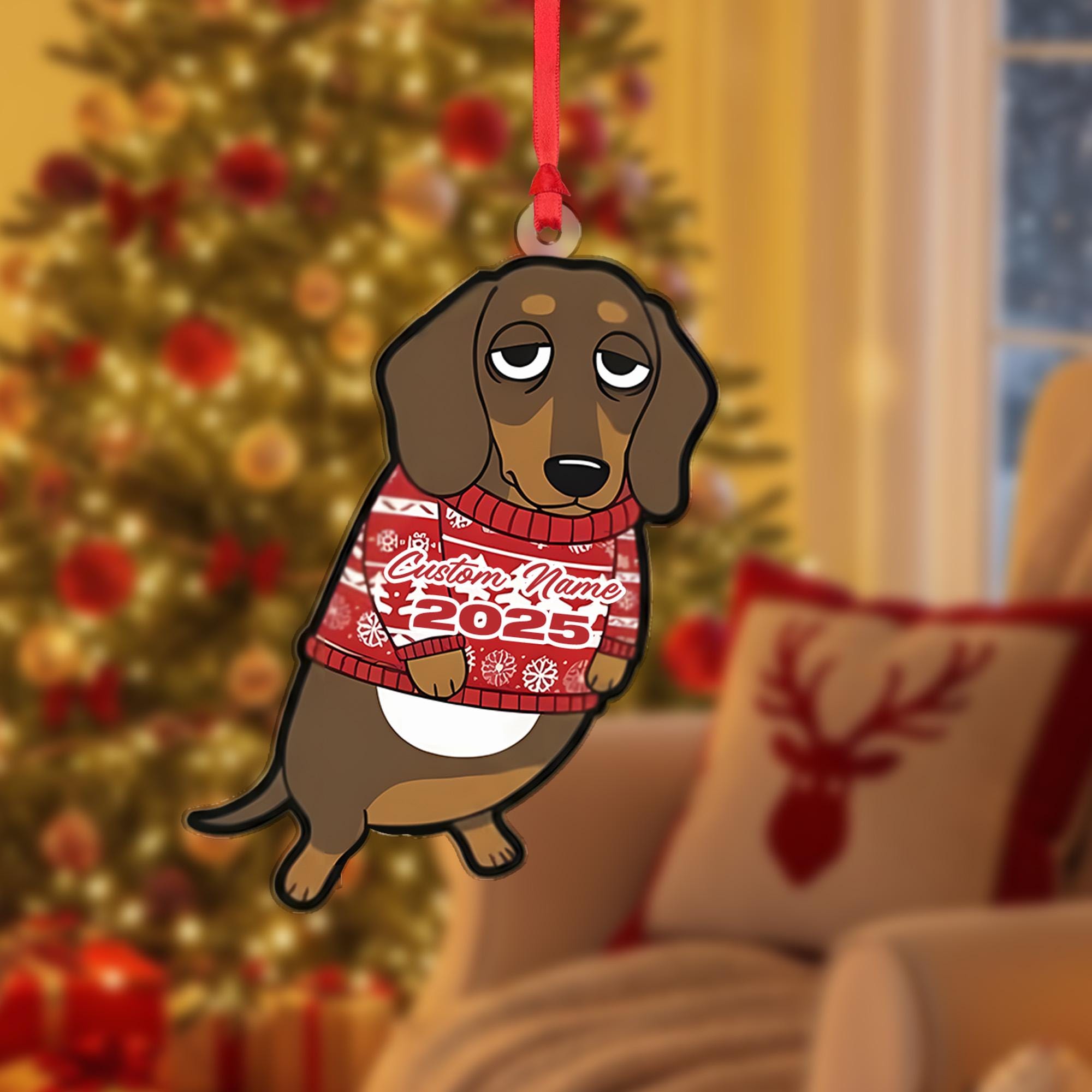 Personalized Dachshund Ornament – Custom Name Christmas Sweater Dog Decoration