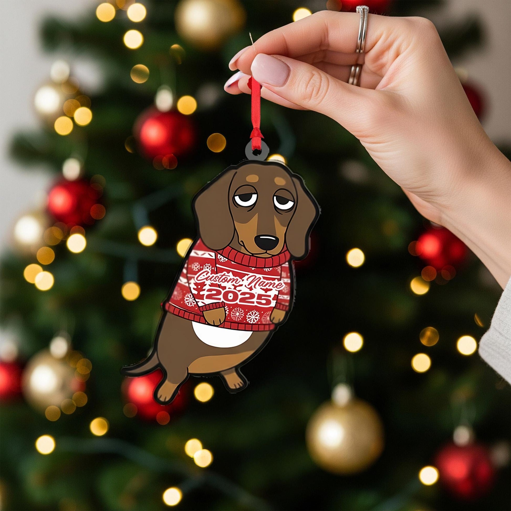 Personalized Dachshund Ornament – Custom Name Christmas Sweater Dog Decoration