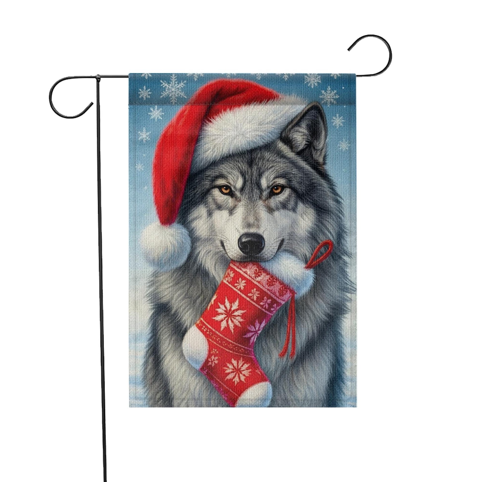 Christmas Wolf Garden Flag: Santa Hat Winter Stocking Outdoor Decoration