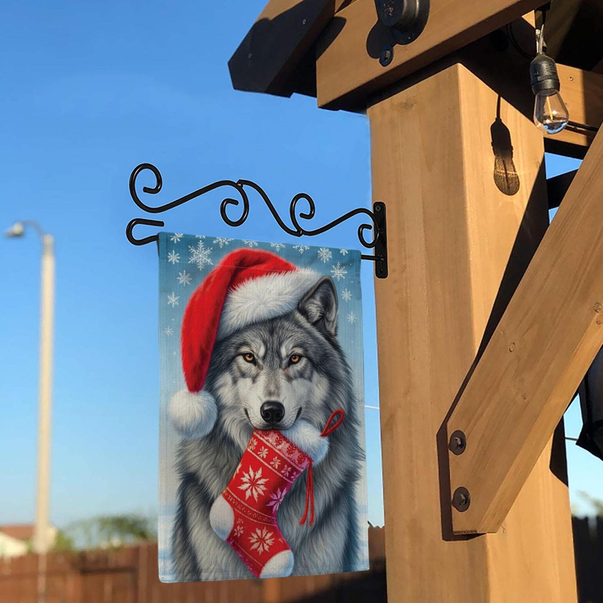Christmas Wolf Garden Flag: Santa Hat Winter Stocking Outdoor Decoration