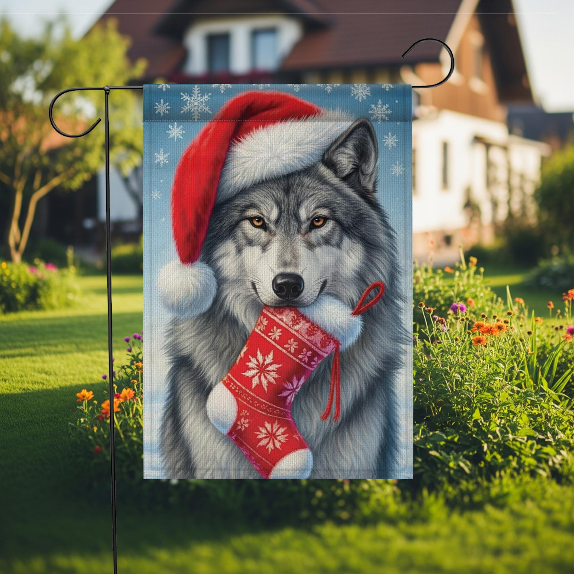 Christmas Wolf Garden Flag: Santa Hat Winter Stocking Outdoor Decoration