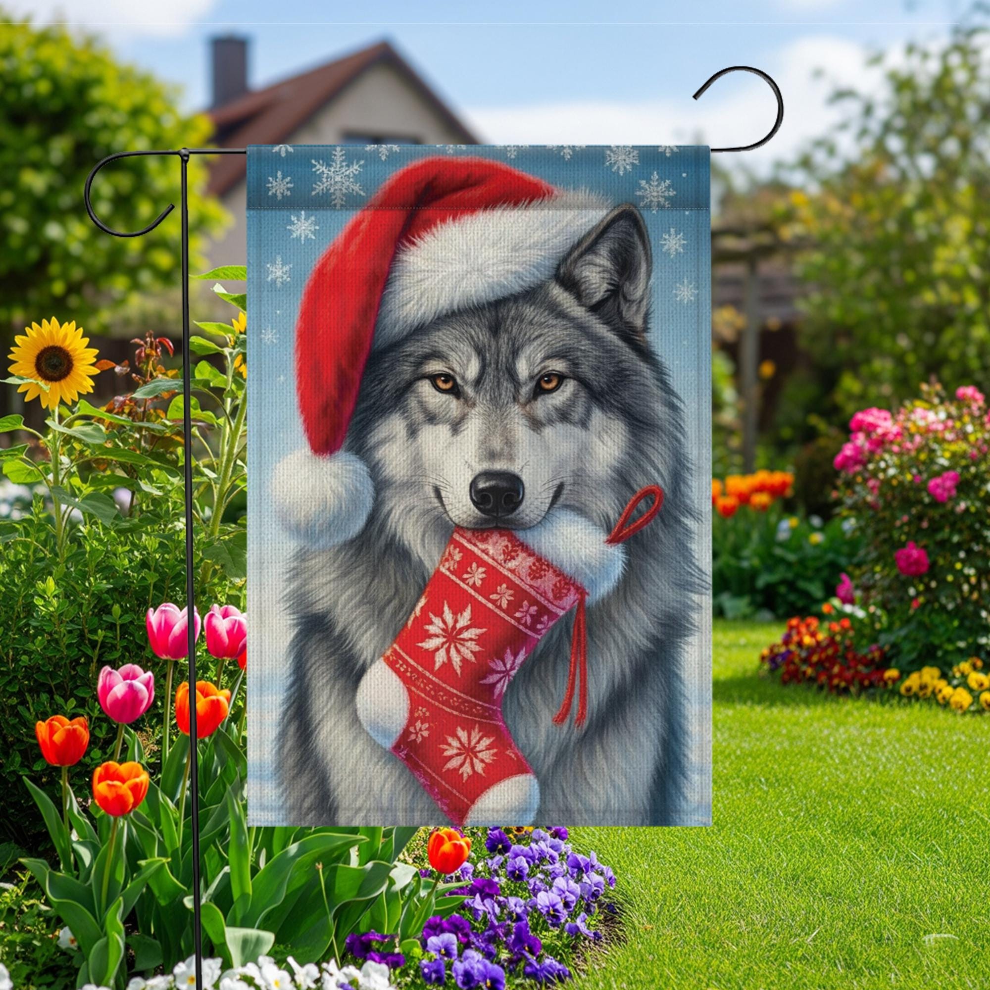 Christmas Wolf Garden Flag: Santa Hat Winter Stocking Outdoor Decoration