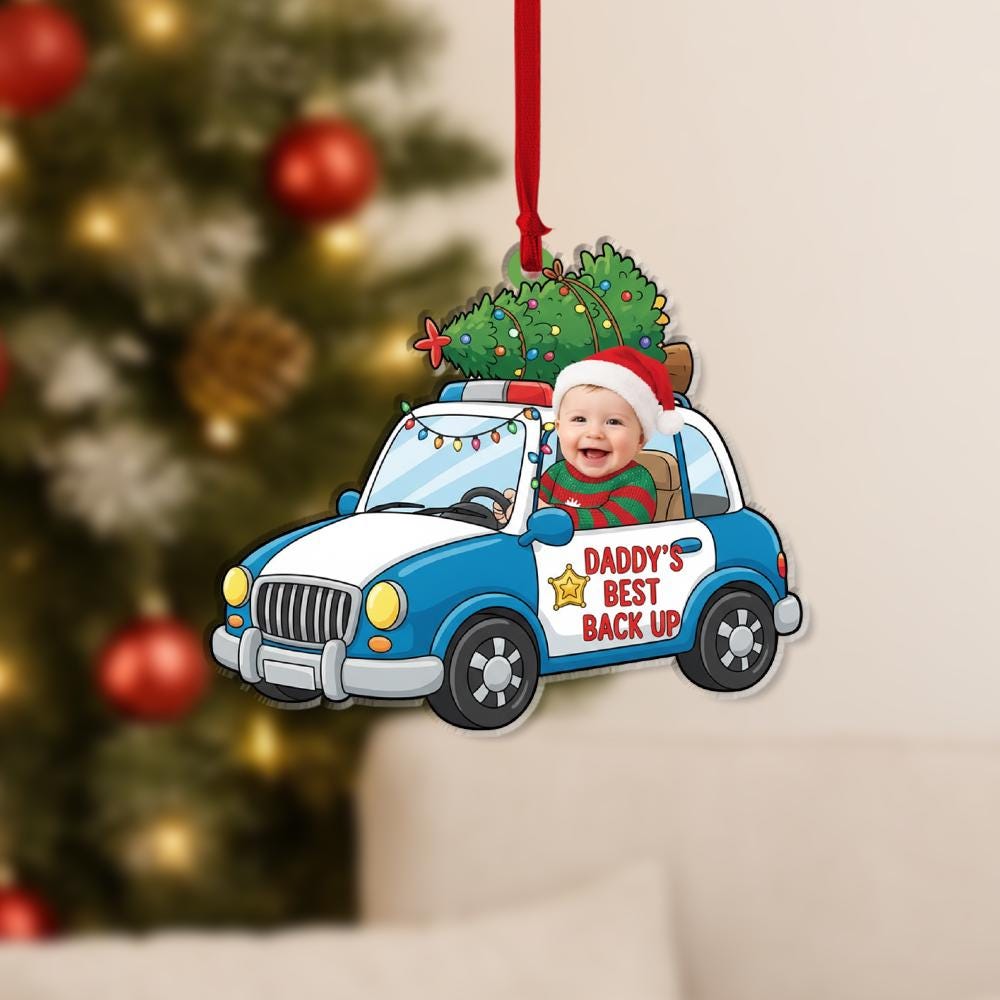 Custom Baby Photo Police Car Ornament | Personalized Christmas Tree Decoration with Child Picture
