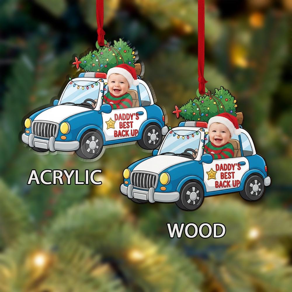Custom Baby Photo Police Car Ornament | Personalized Christmas Tree Decoration with Child Picture