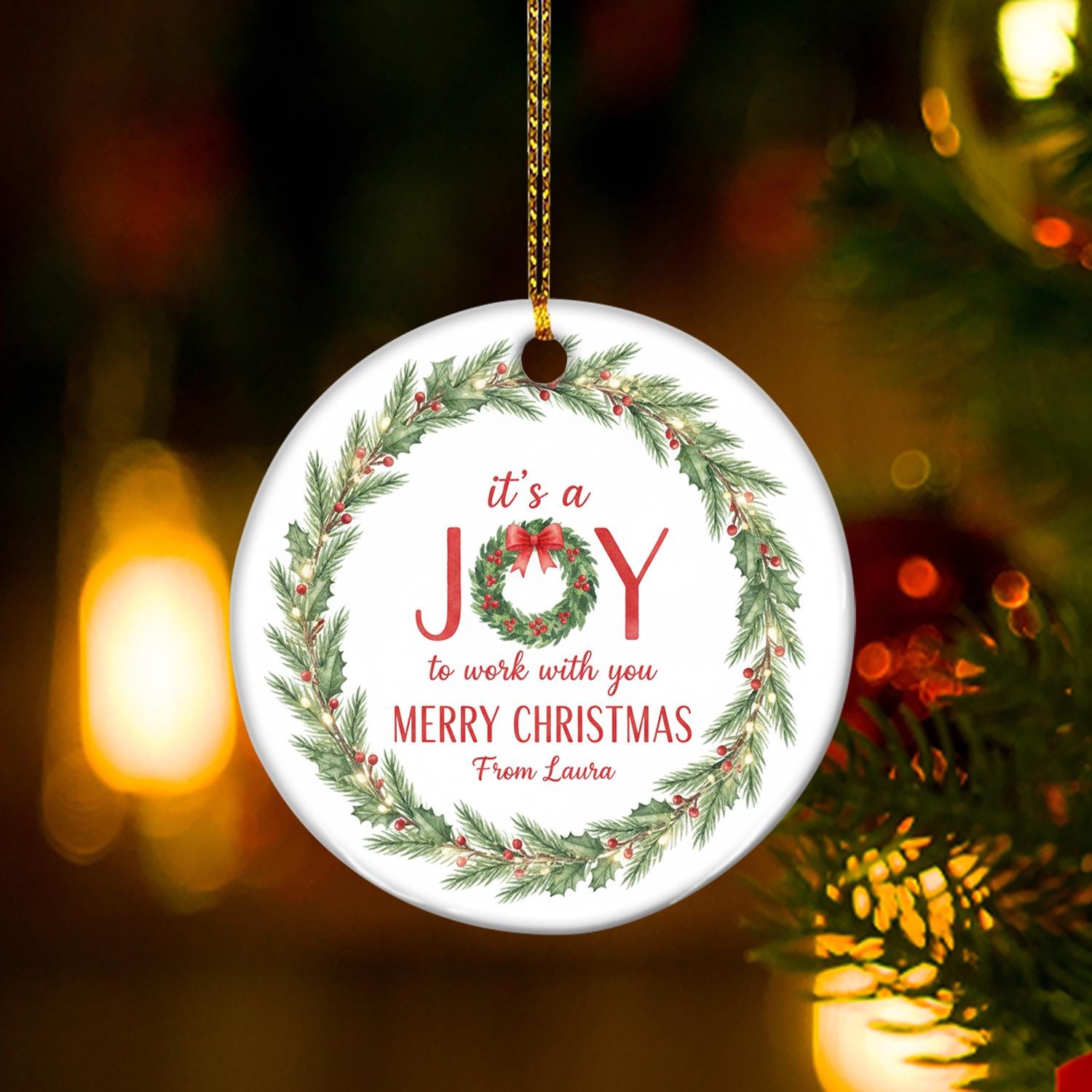 Coworker Ceramic Christmas Ornament | Personalized Round Wreath Holiday Office Decoration