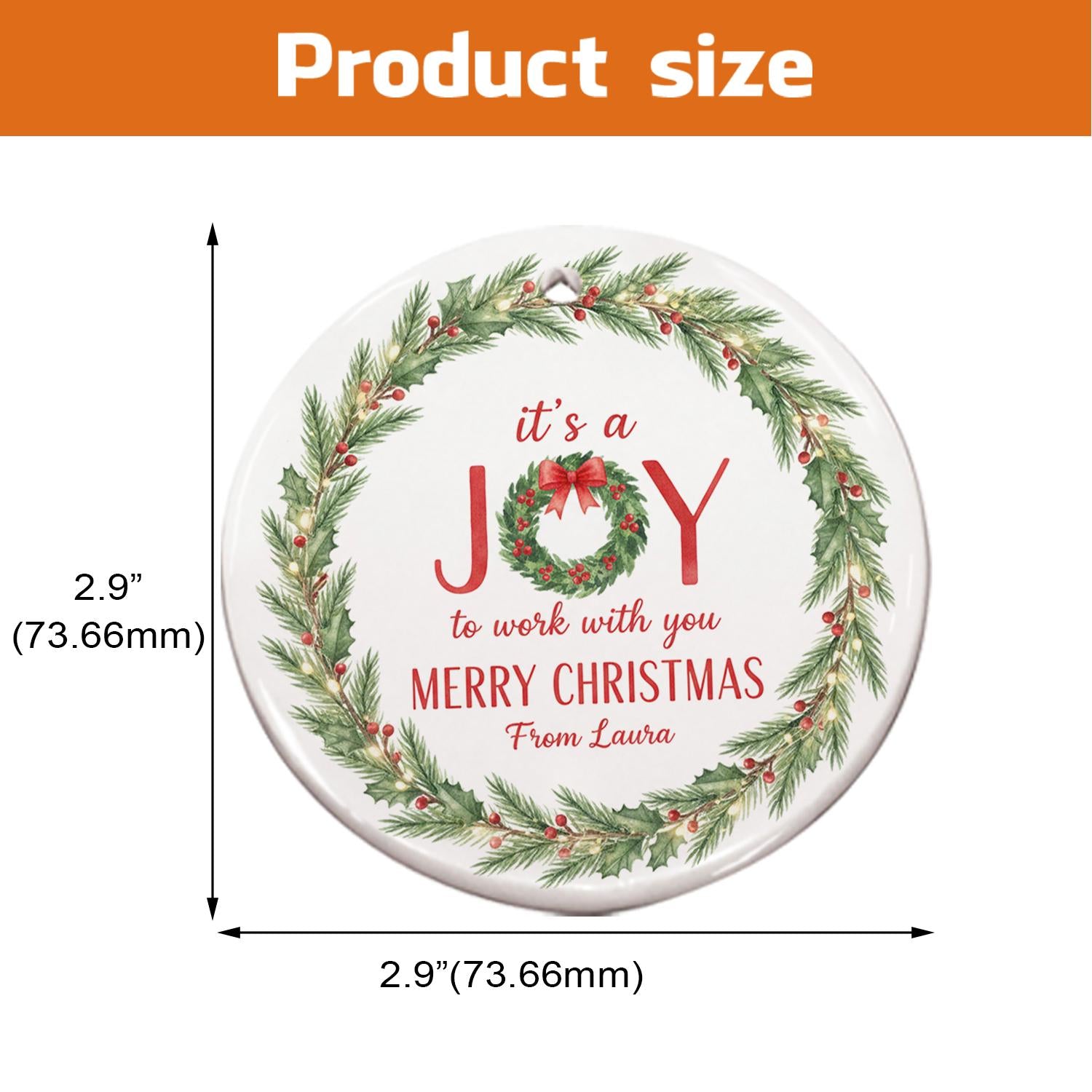 Coworker Ceramic Christmas Ornament | Personalized Round Wreath Holiday Office Decoration