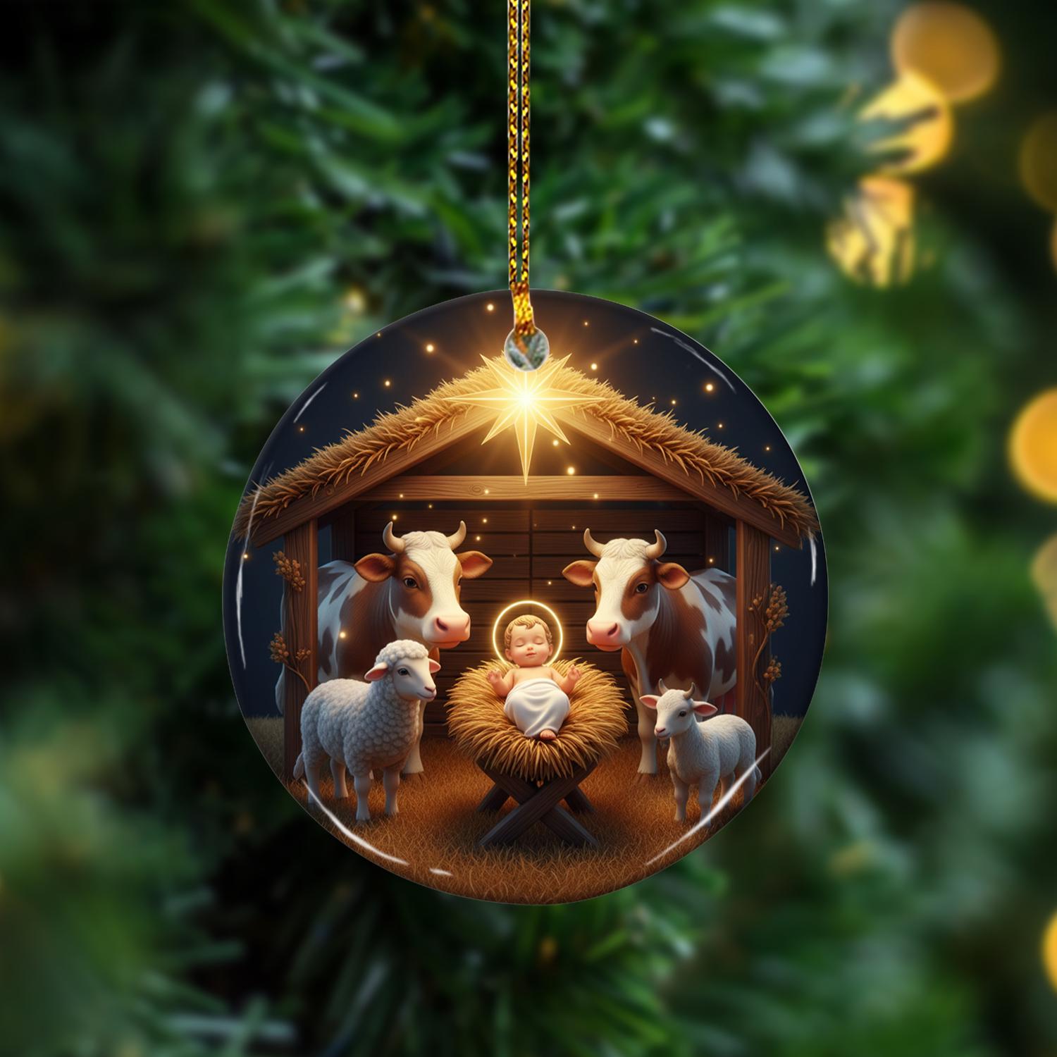 Ceramic Nativity Ornament: Christmas Tree Decoration with Baby Jesus, Animals, and Star