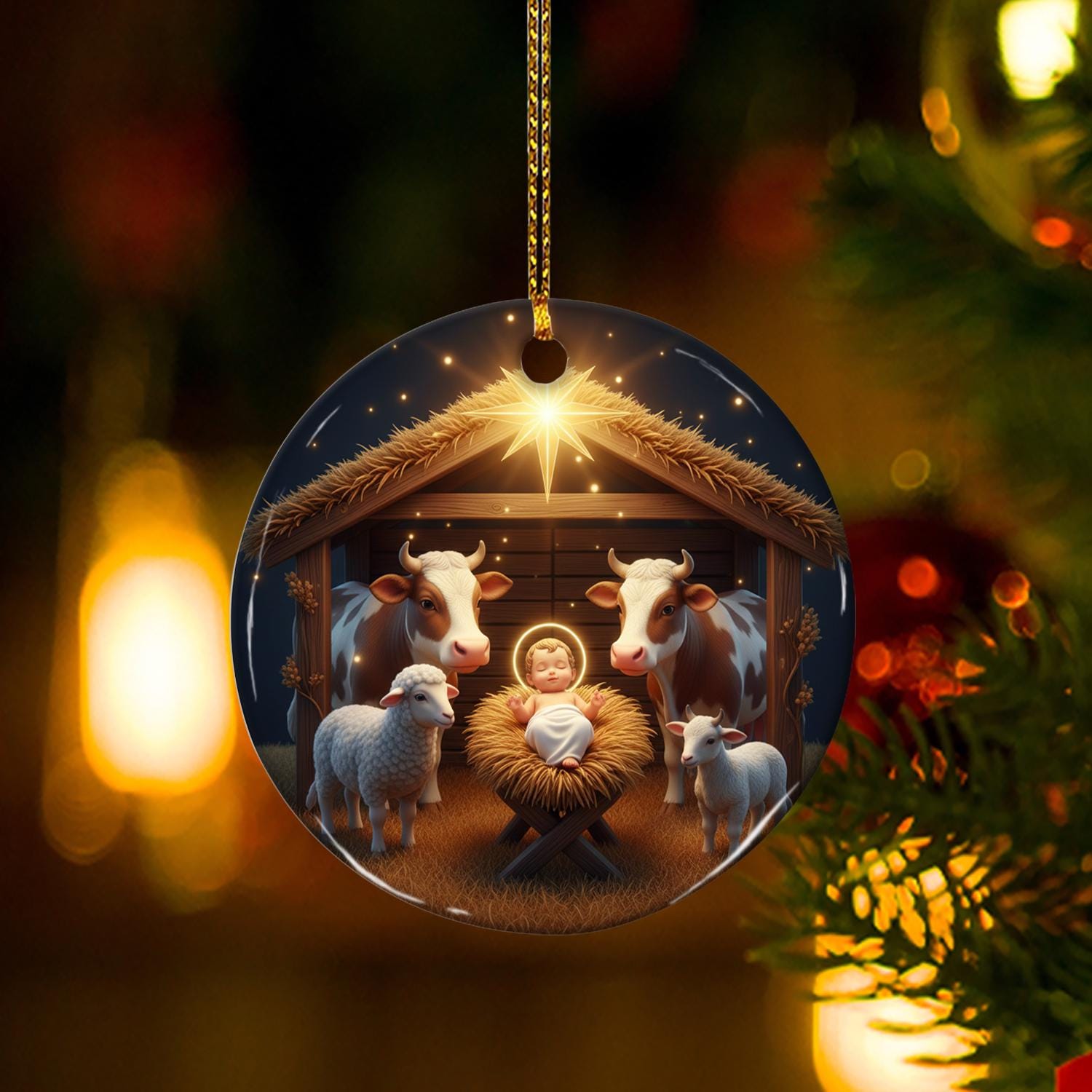 Ceramic Nativity Ornament: Christmas Tree Decoration with Baby Jesus, Animals, and Star