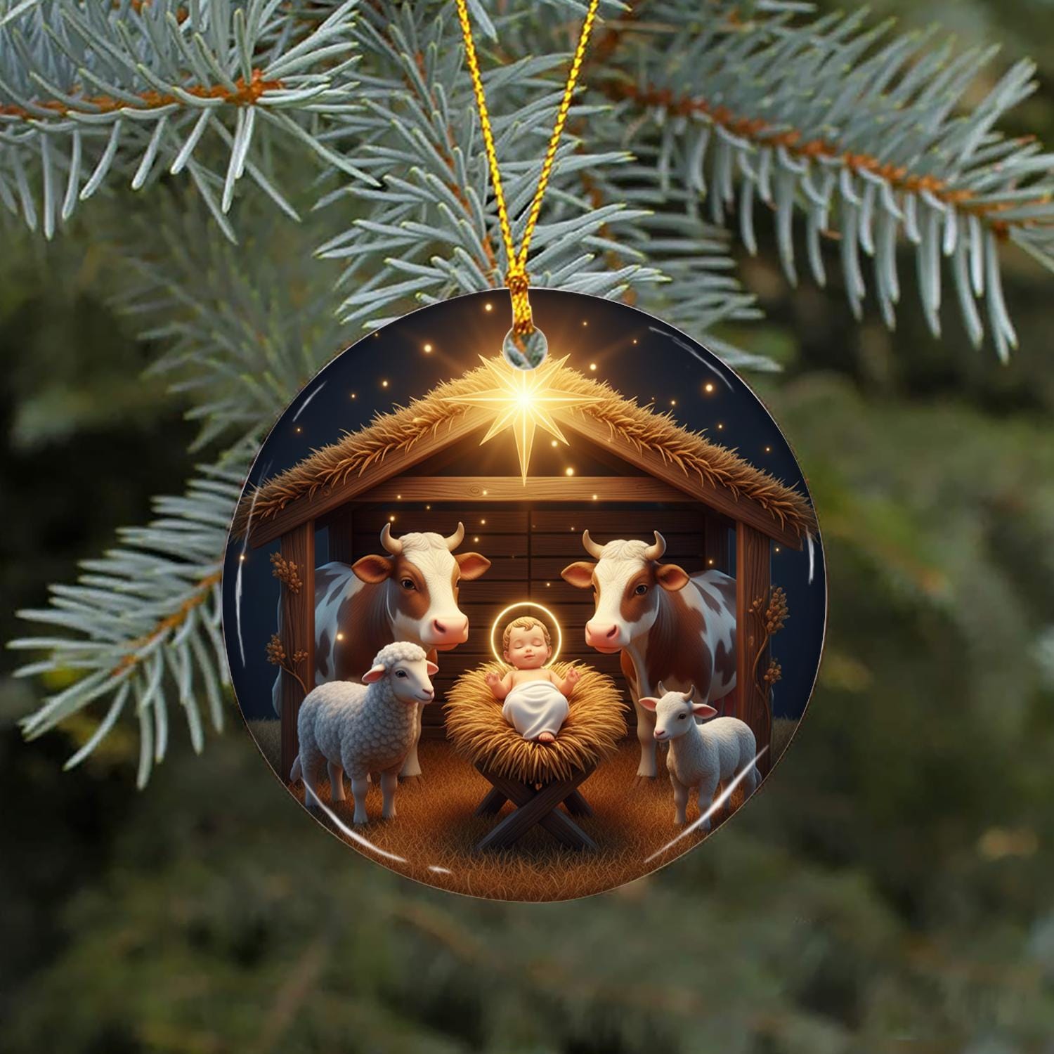Ceramic Nativity Ornament: Christmas Tree Decoration with Baby Jesus, Animals, and Star