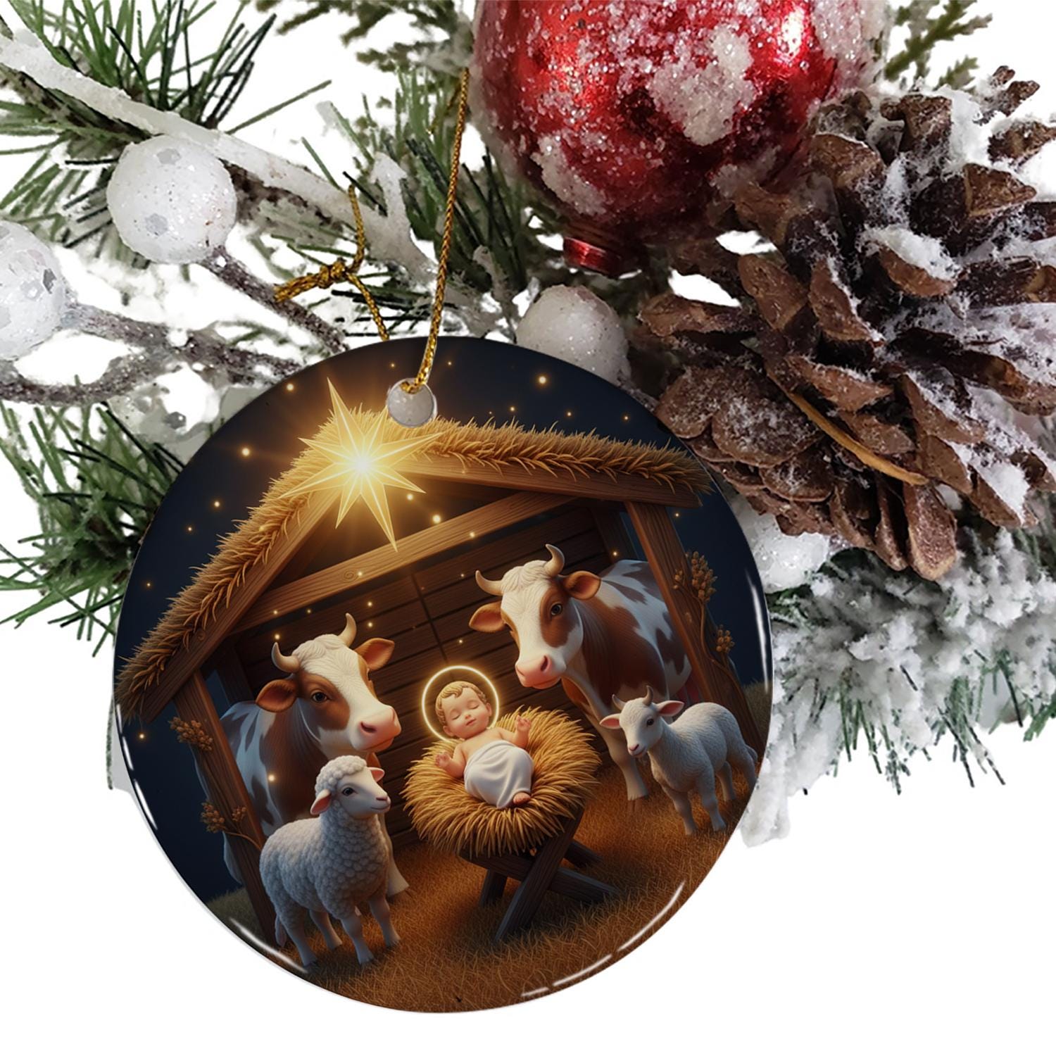 Ceramic Nativity Ornament: Christmas Tree Decoration with Baby Jesus, Animals, and Star