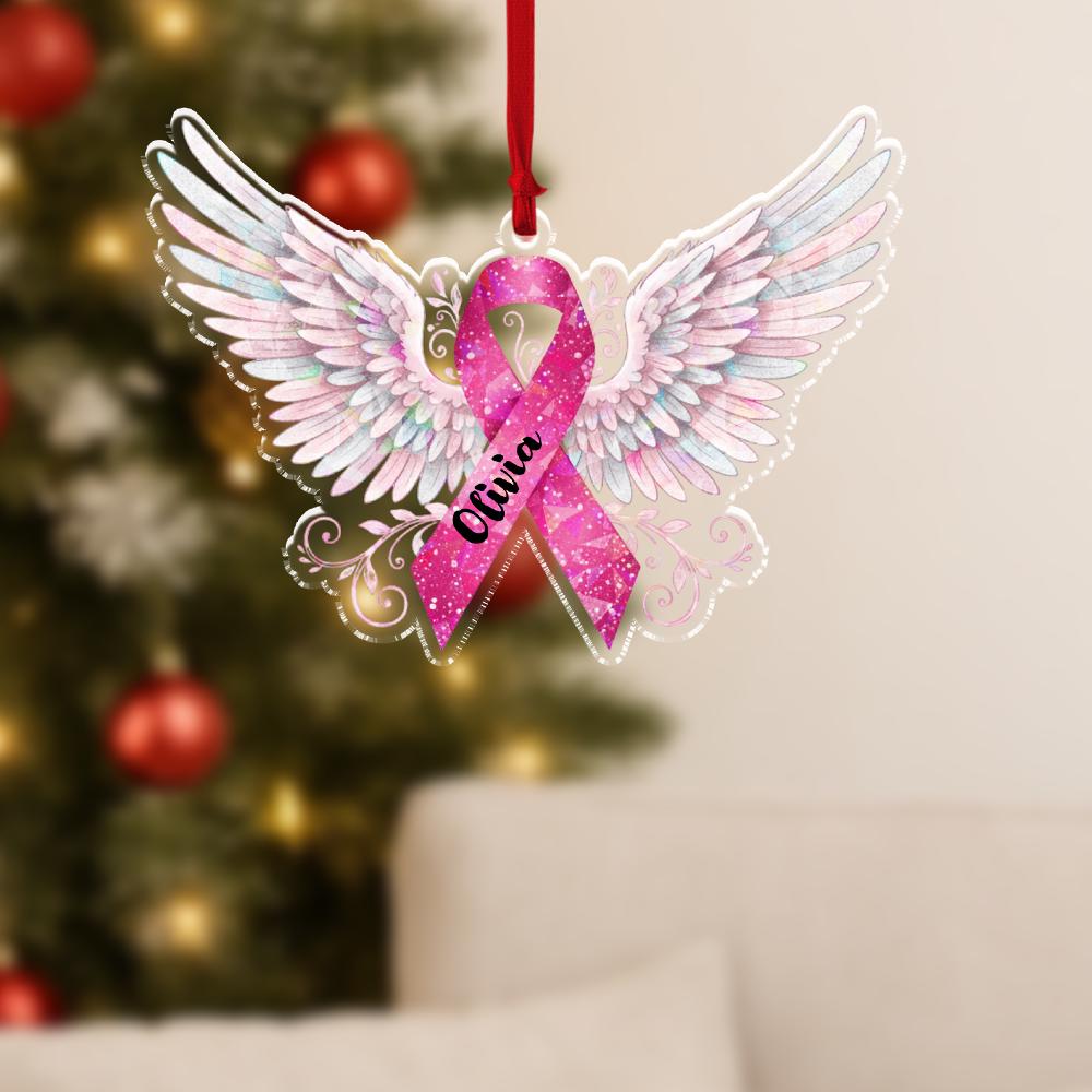 Custom Breast Cancer Ribbon Ornament with Angel Wings and Name | Personalized Awareness Christmas Decoration