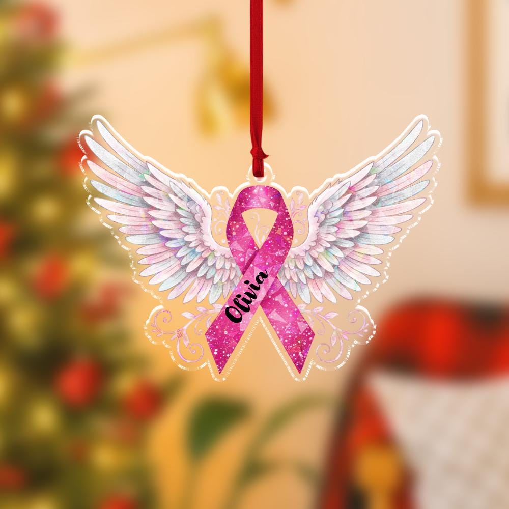Custom Breast Cancer Ribbon Ornament with Angel Wings and Name | Personalized Awareness Christmas Decoration