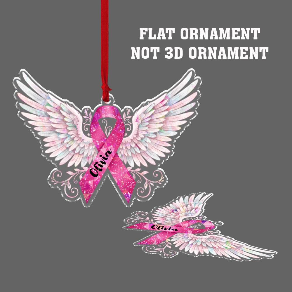 Custom Breast Cancer Ribbon Ornament with Angel Wings and Name | Personalized Awareness Christmas Decoration
