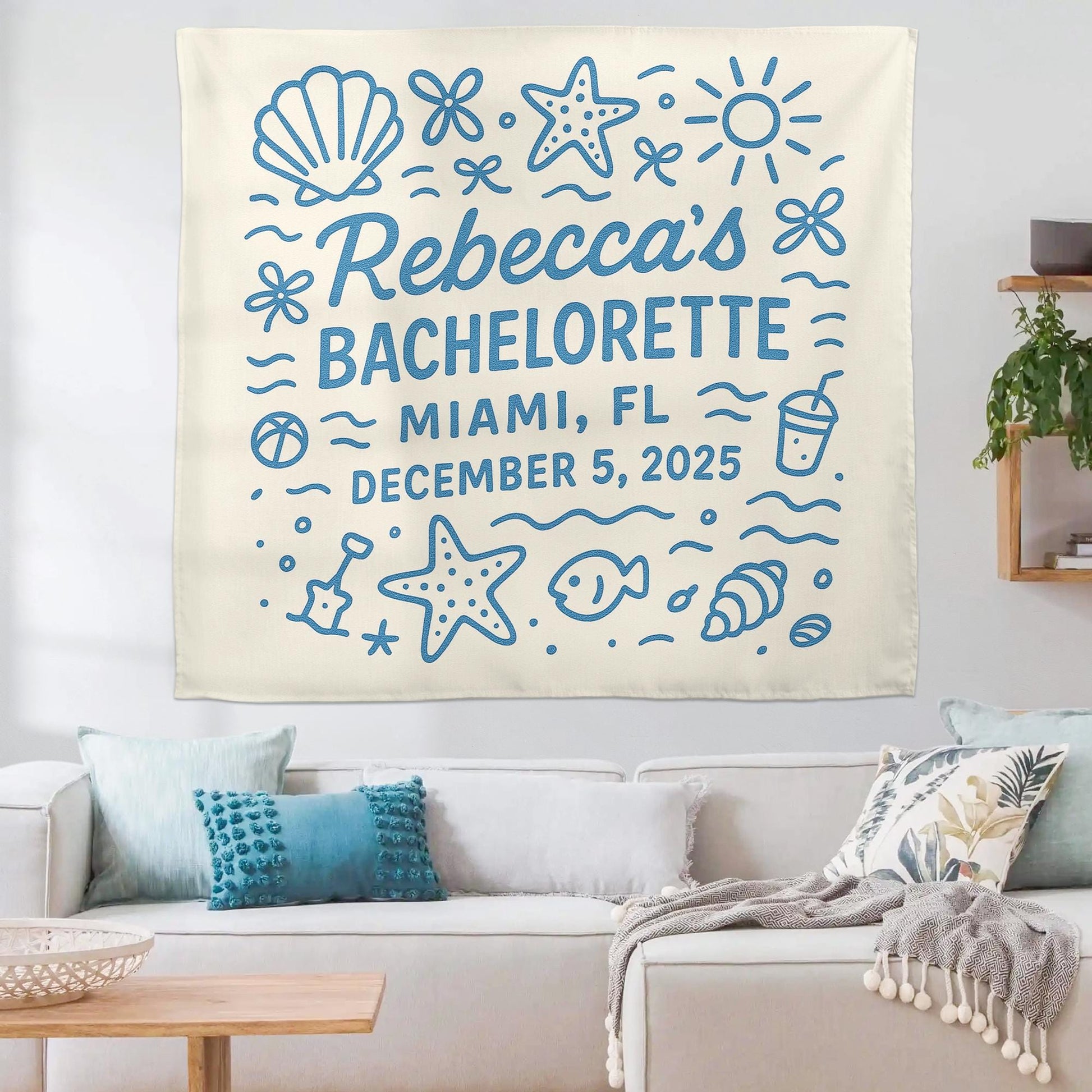 Custom Bachelorette Beach Wedding Party Tapestry | Personalized Beach Theme Wall Hanging