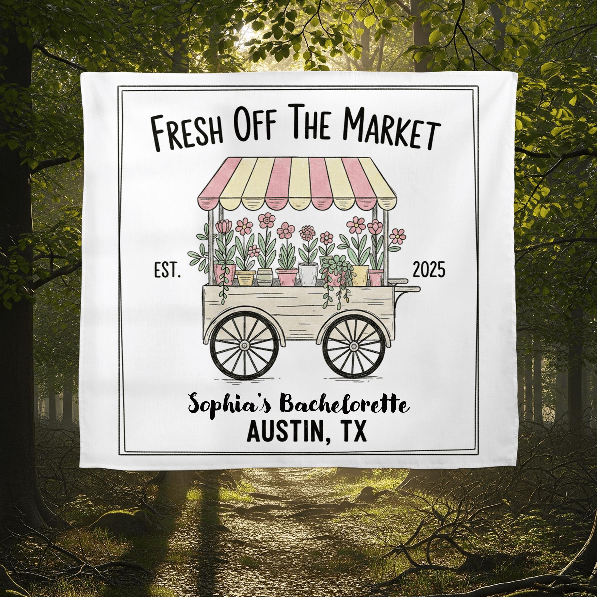 Custom Bachelorette Tapestry with Name and Location | Fresh Off The Market Party Wall Hanging Decoration