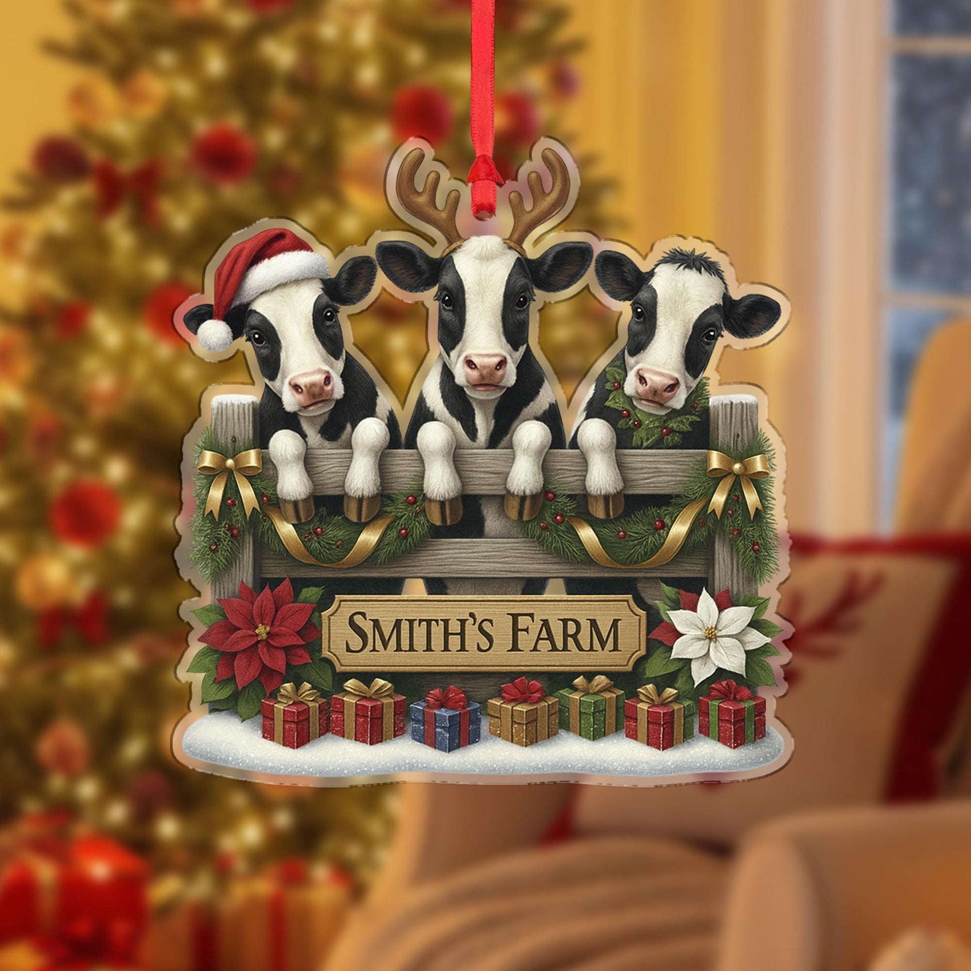 Personalized Cow Family Christmas Ornament, Custom Farm Name Sign, Farmhouse Rustic Holiday Decor, Farmer Gift, Animal Lover Keepsake