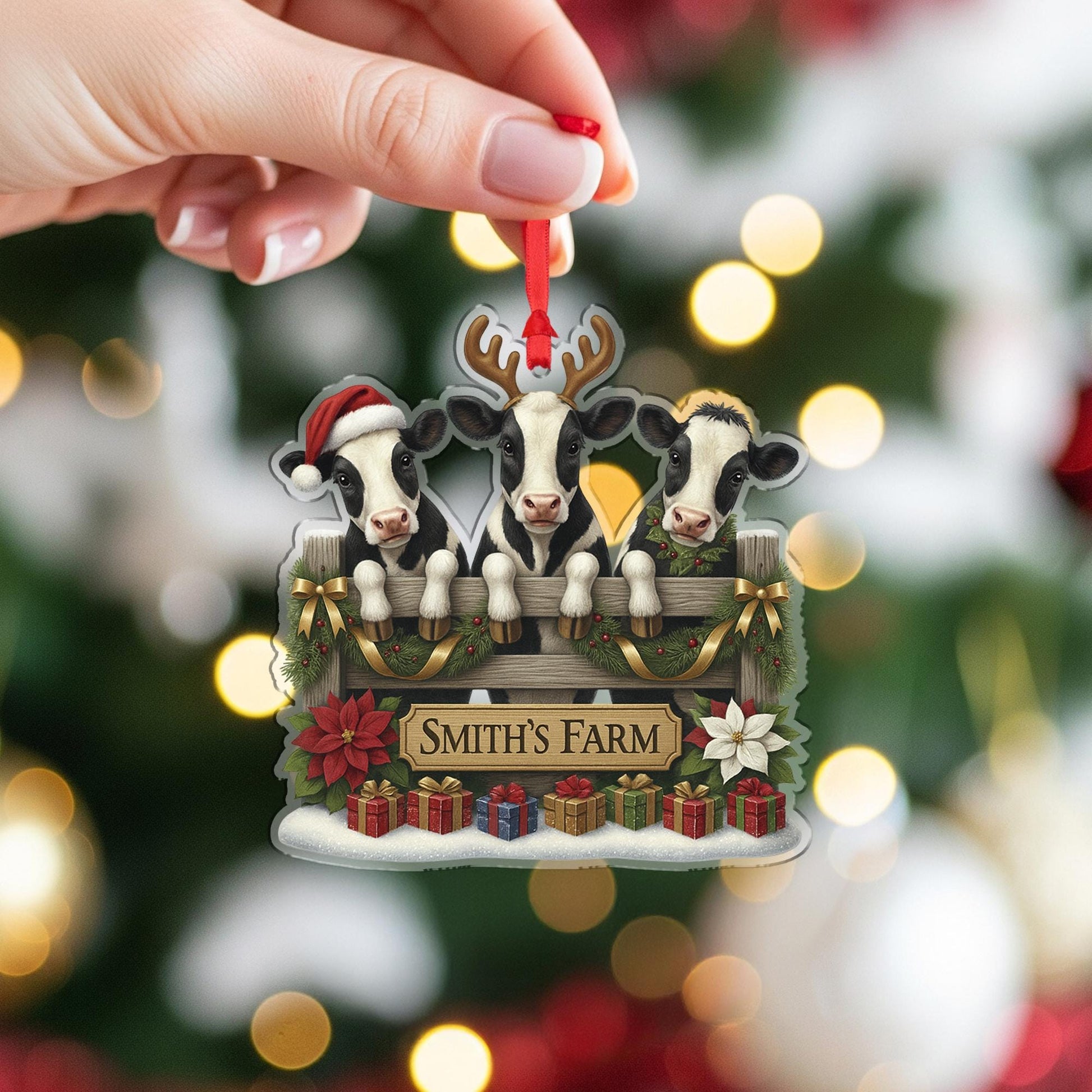 Personalized Cow Family Christmas Ornament, Custom Farm Name Sign, Farmhouse Rustic Holiday Decor, Farmer Gift, Animal Lover Keepsake