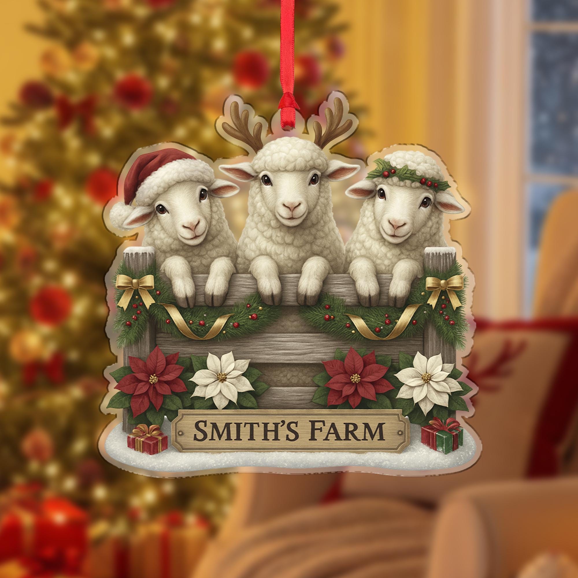 Personalized Sheep Family Christmas Ornament, Custom Farm Name Sign, Rustic Farmhouse Holiday Decor, Cute Lamb Gift Farmer, Xmas Keepsake