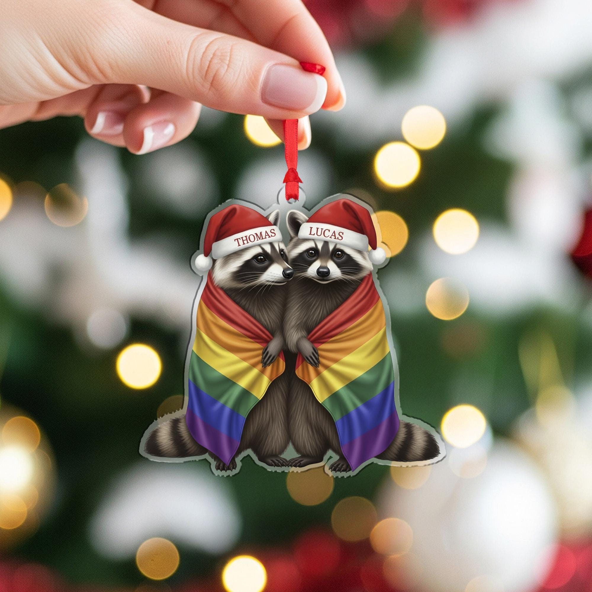 Personalized Raccoon Couple Christmas Ornament, Custom LGBTQ Pride Holiday Gift with Names, Gay Wedding Tree Decoration
