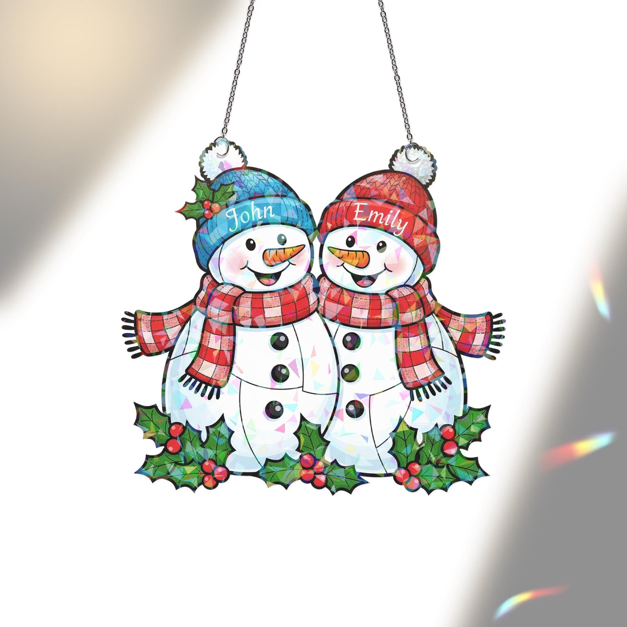 Personalized Snowman Couple Acrylic Window Hanging: Hologram Christmas Decoration