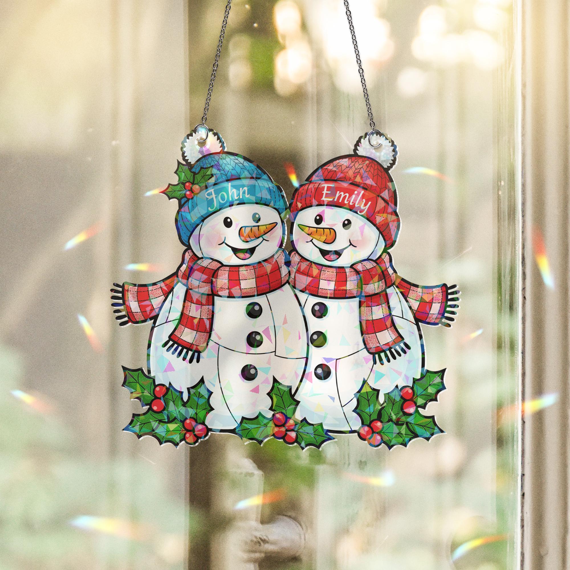 Personalized Snowman Couple Acrylic Window Hanging: Hologram Christmas Decoration