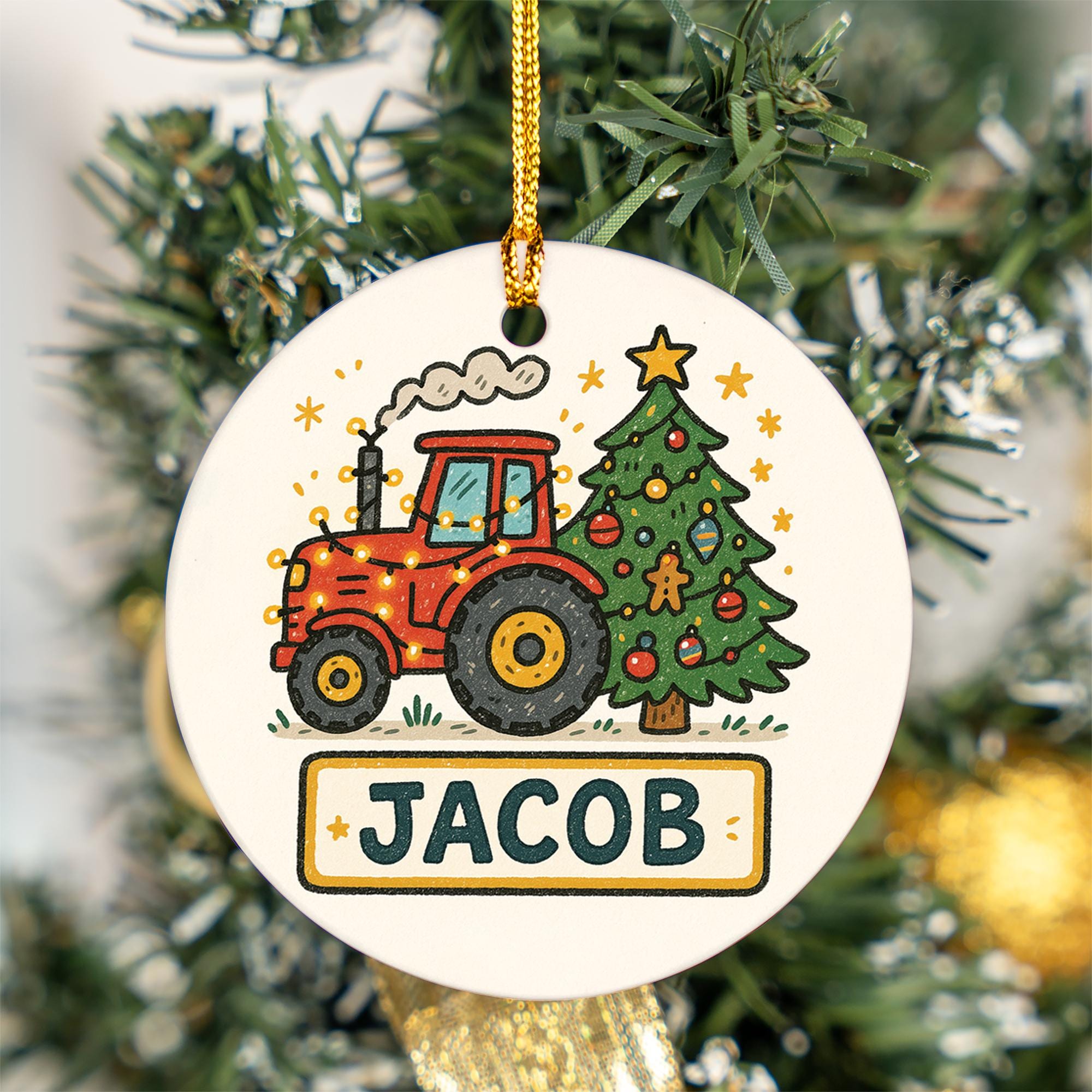 Personalized Baby Tractor Christmas Ornament - Custom Name Farm Boy Gift