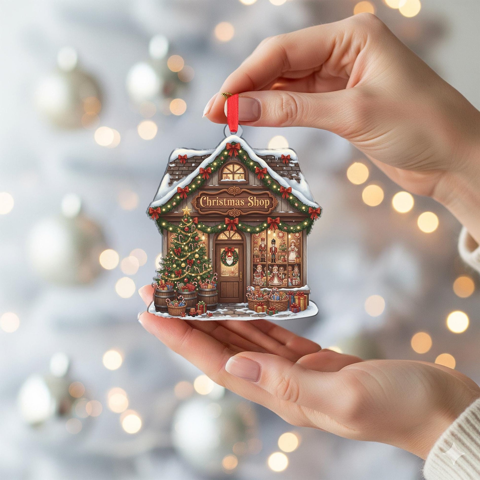 Custom Christmas Shop Ornament - Cozy Village Toy Store Holiday Keepsake Gift