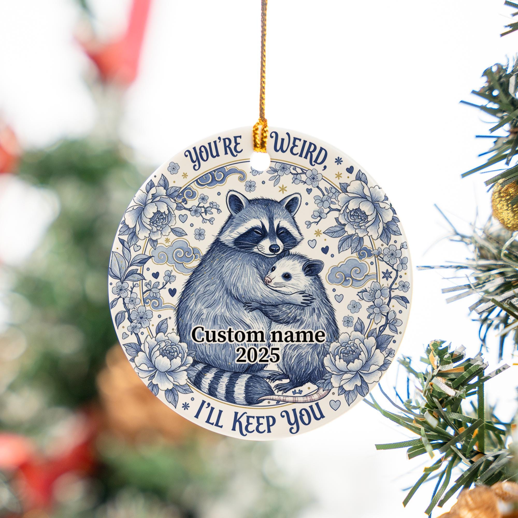 Personalized Raccoon Opossum Ceramic Ornament 2025; Humorous Weird Animal Decor