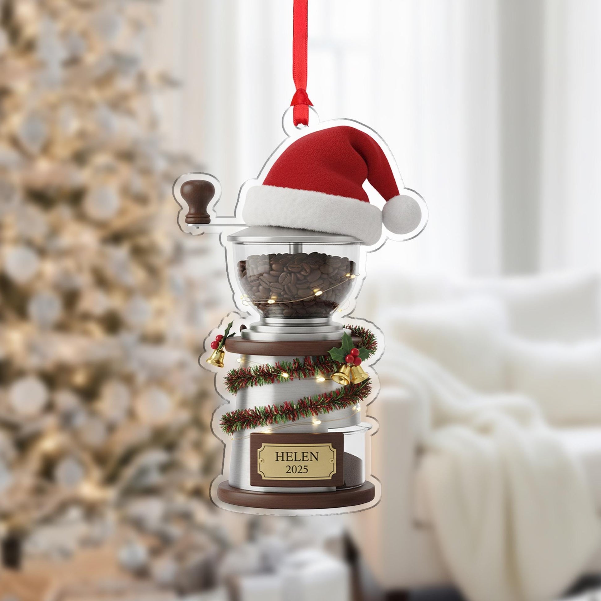 Personalized Coffee Grinder Acrylic Ornament 2025; Manual Mill Barista Decor