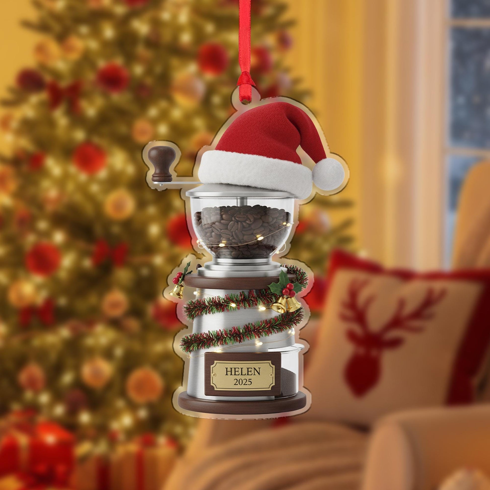 Personalized Coffee Grinder Acrylic Ornament 2025; Manual Mill Barista Decor