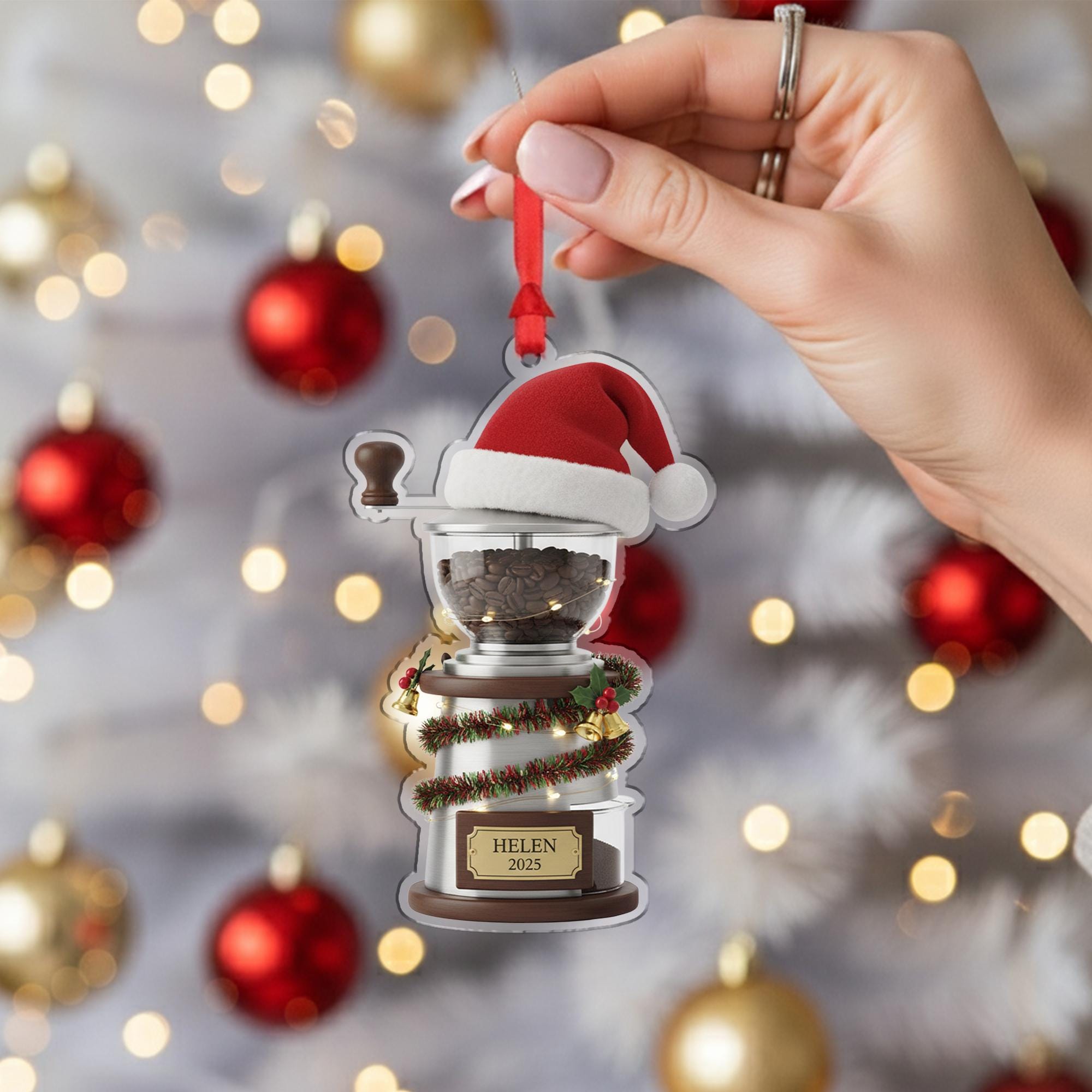 Personalized Coffee Grinder Acrylic Ornament 2025; Manual Mill Barista Decor