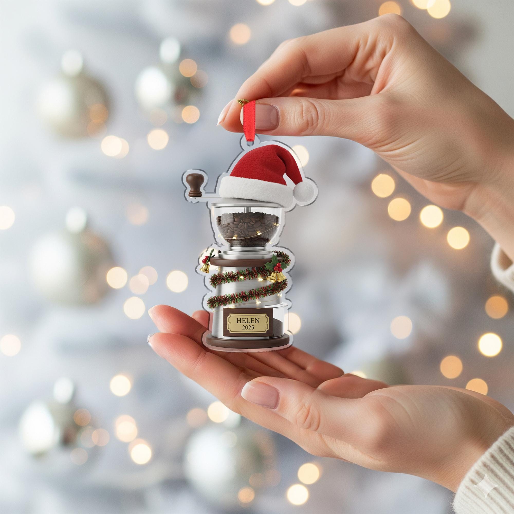 Personalized Coffee Grinder Acrylic Ornament 2025; Manual Mill Barista Decor