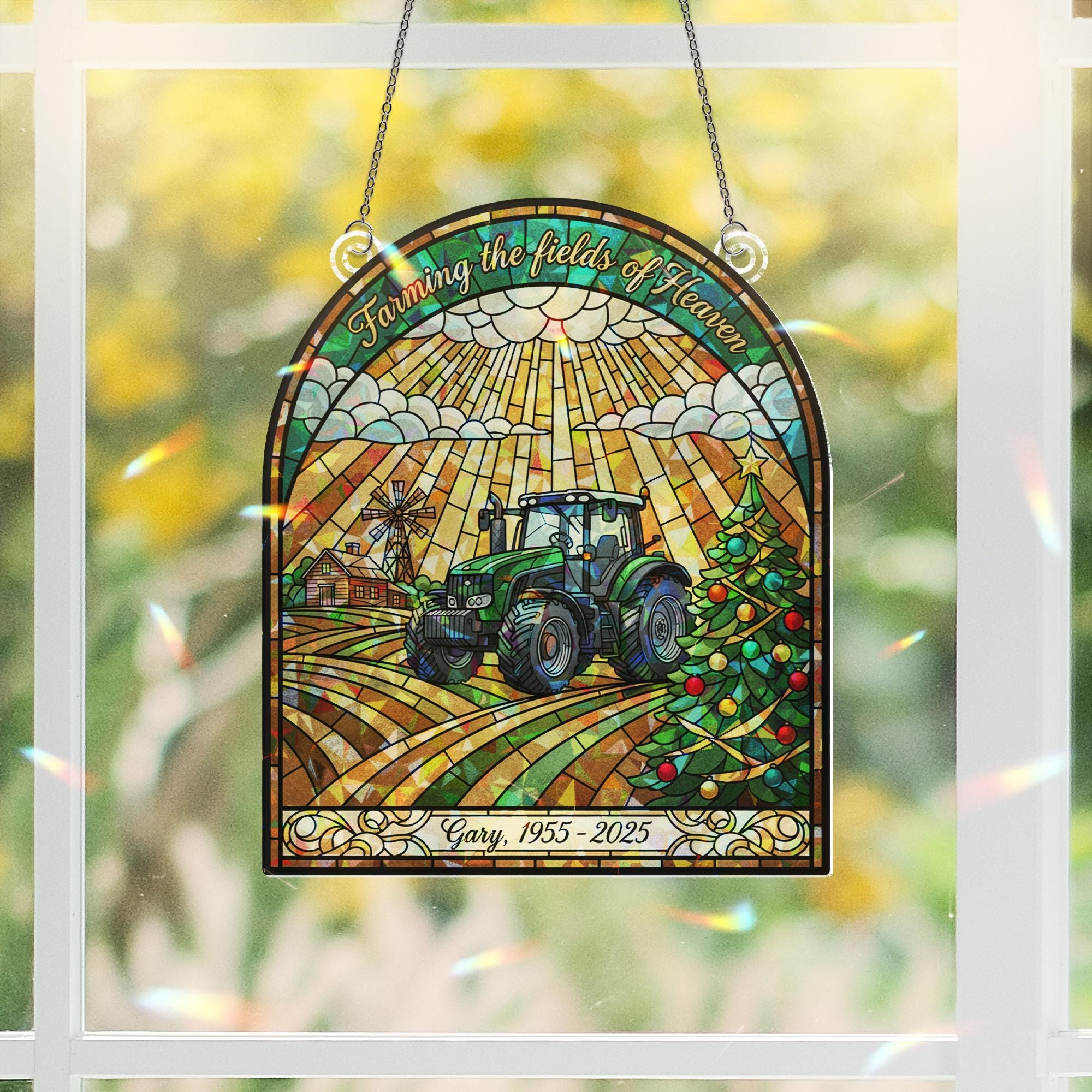 Personalized Stained Glass Effect Farmer Memorial Window Hanging; Green Tractor
