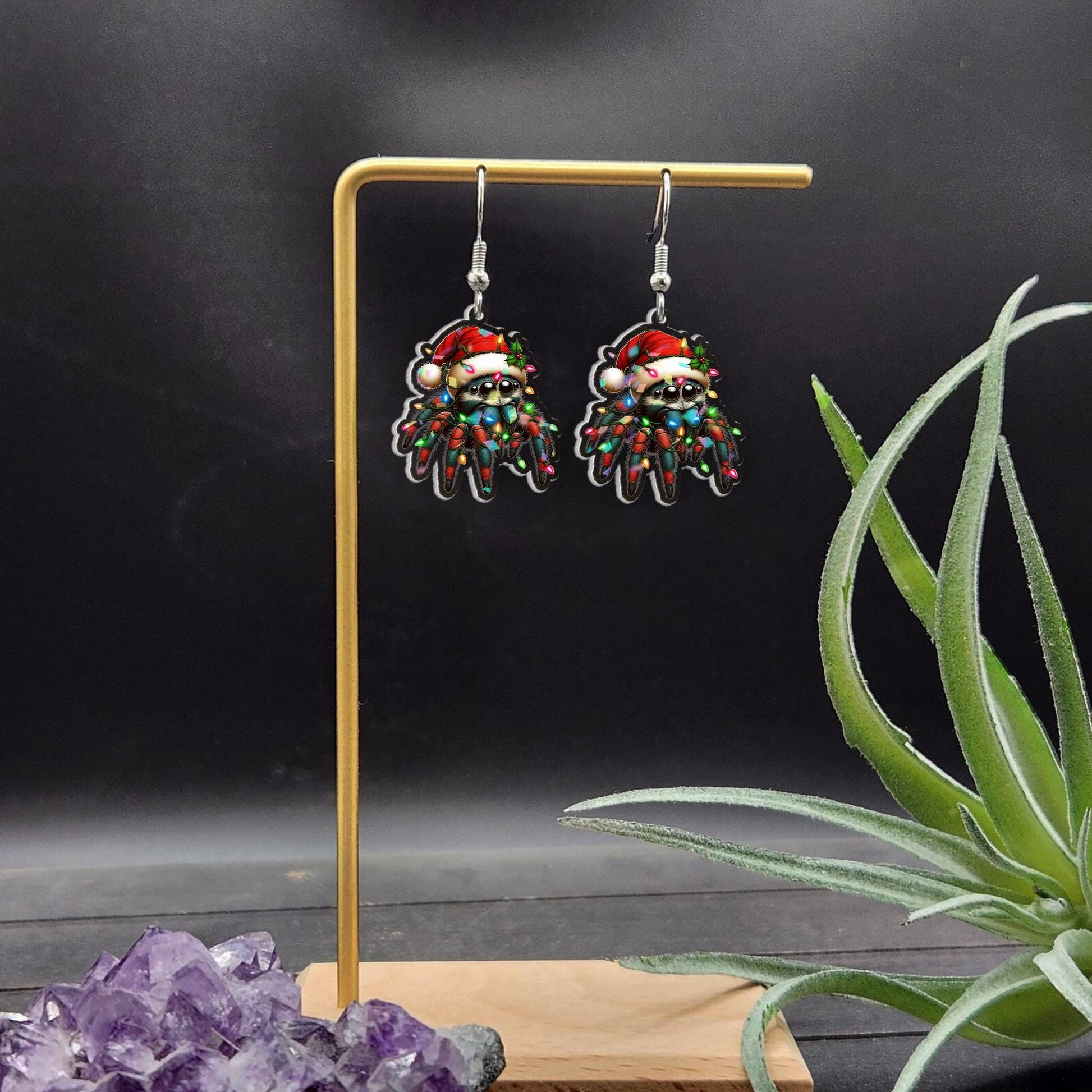 Christmas Spider Earrings: Holiday Lights, Santa Hat - Acrylic