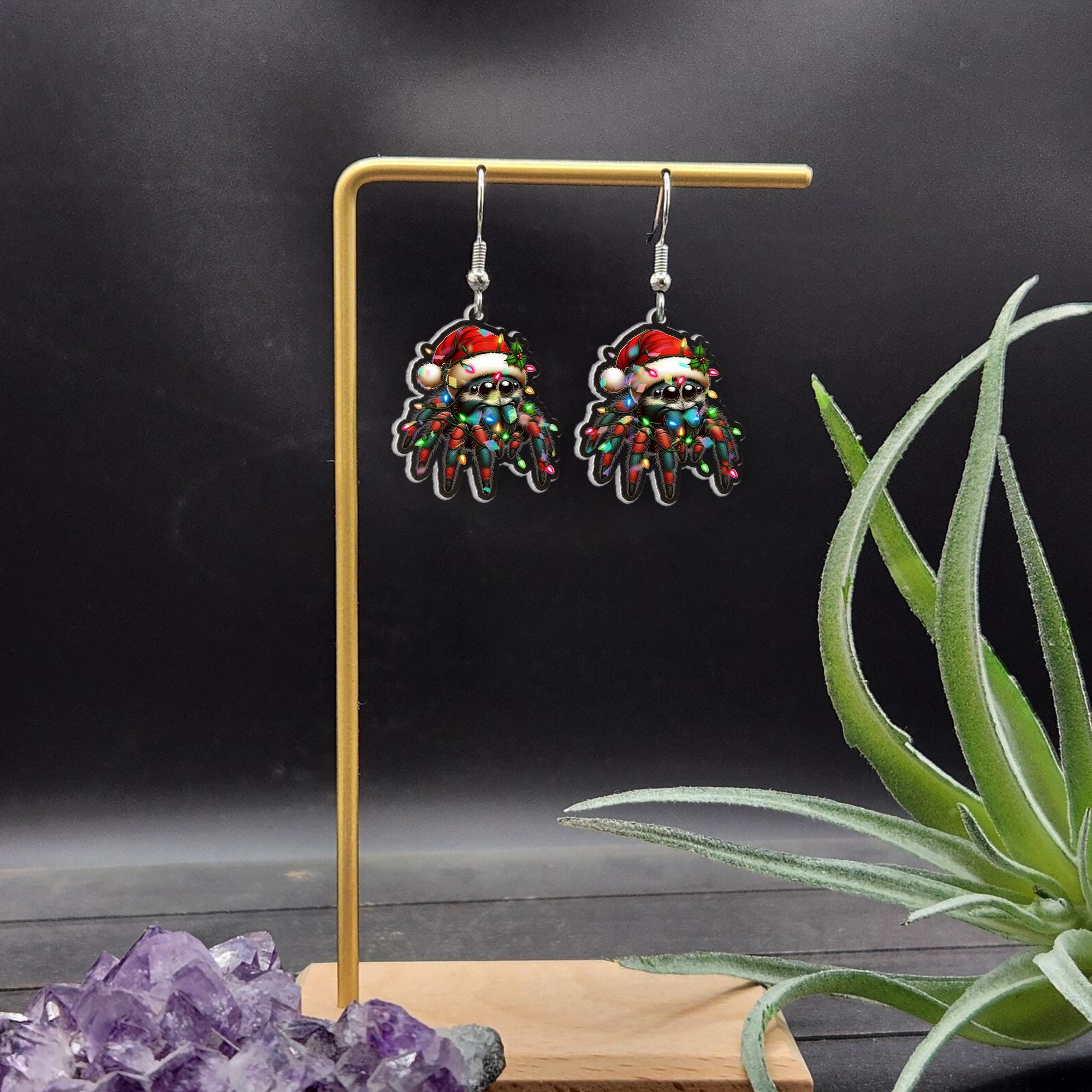 Christmas Spider Earrings: Holiday Lights, Santa Hat - Acrylic