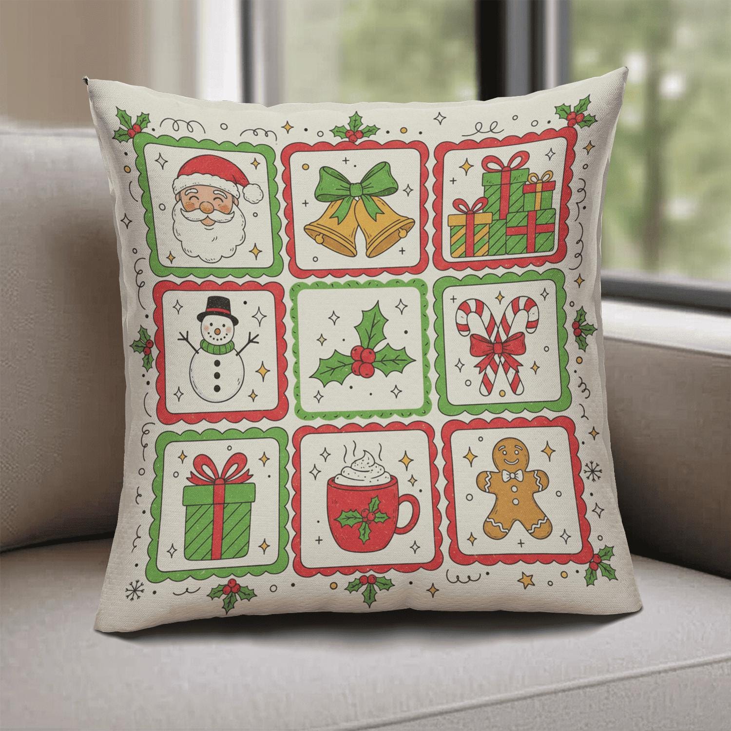Christmas Pillow – Holiday Decor Cushion – Santa Gingerbread Candy Cane Pillow
