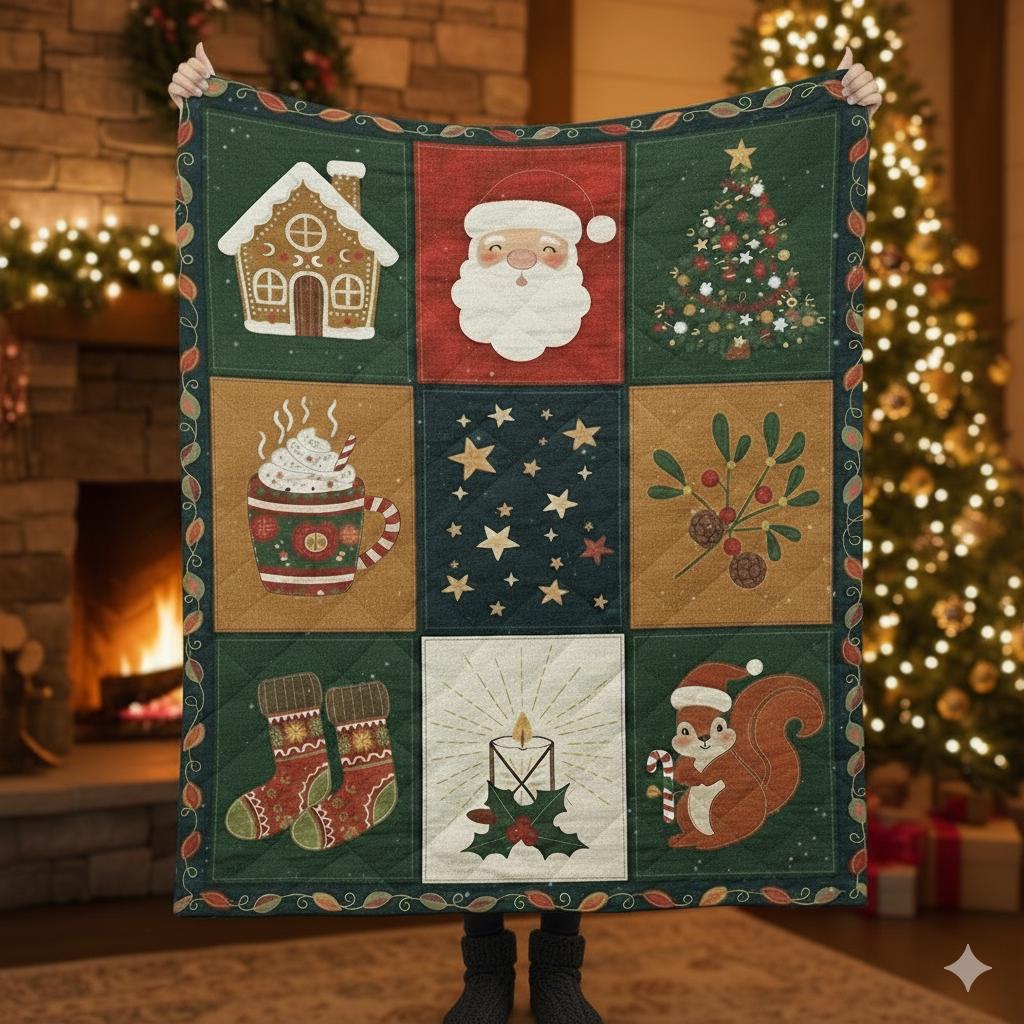 Christmas Quilt Blanket – Cozy Holiday Patchwork Throw with Santa & Festive Design