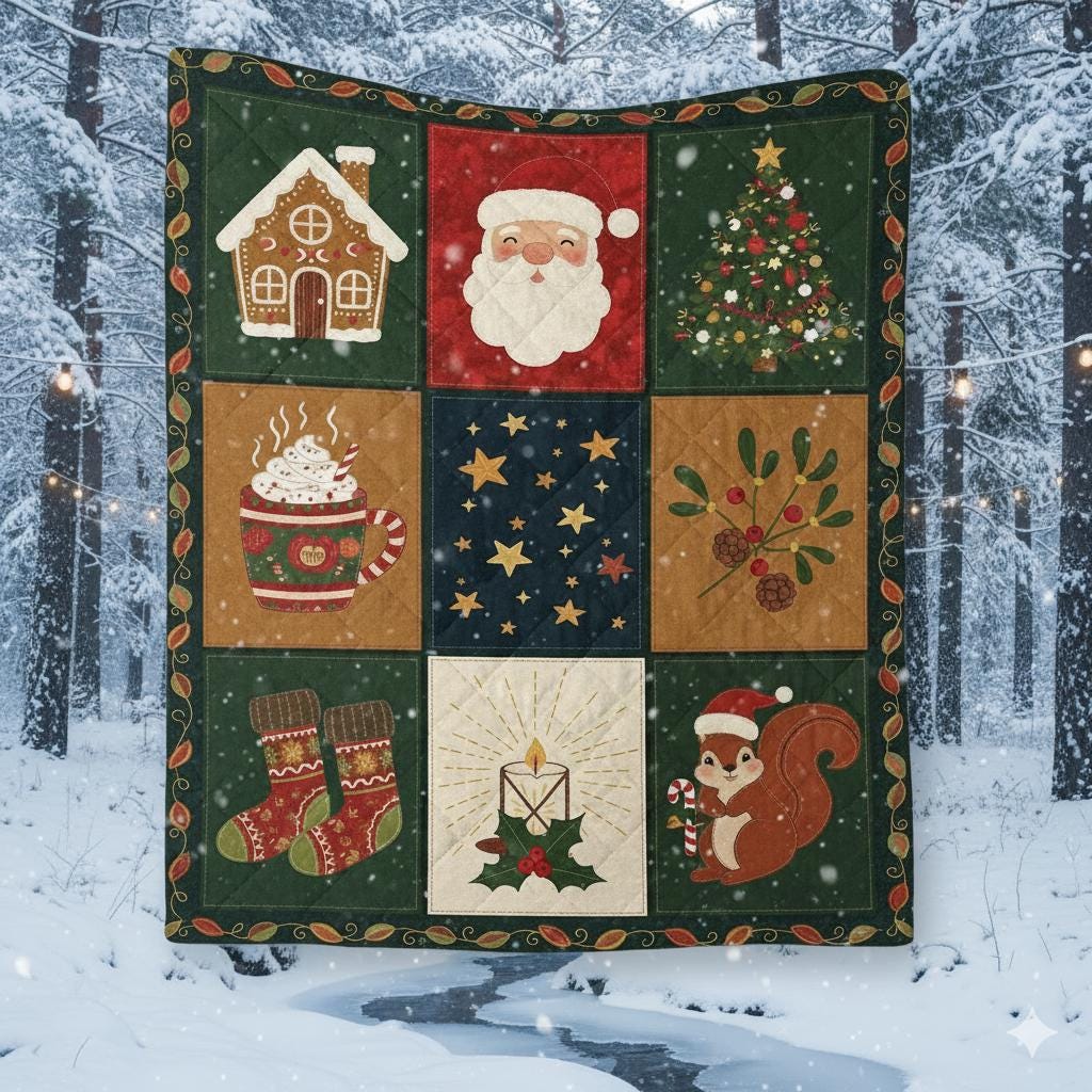 Christmas Quilt Blanket – Cozy Holiday Patchwork Throw with Santa & Festive Design