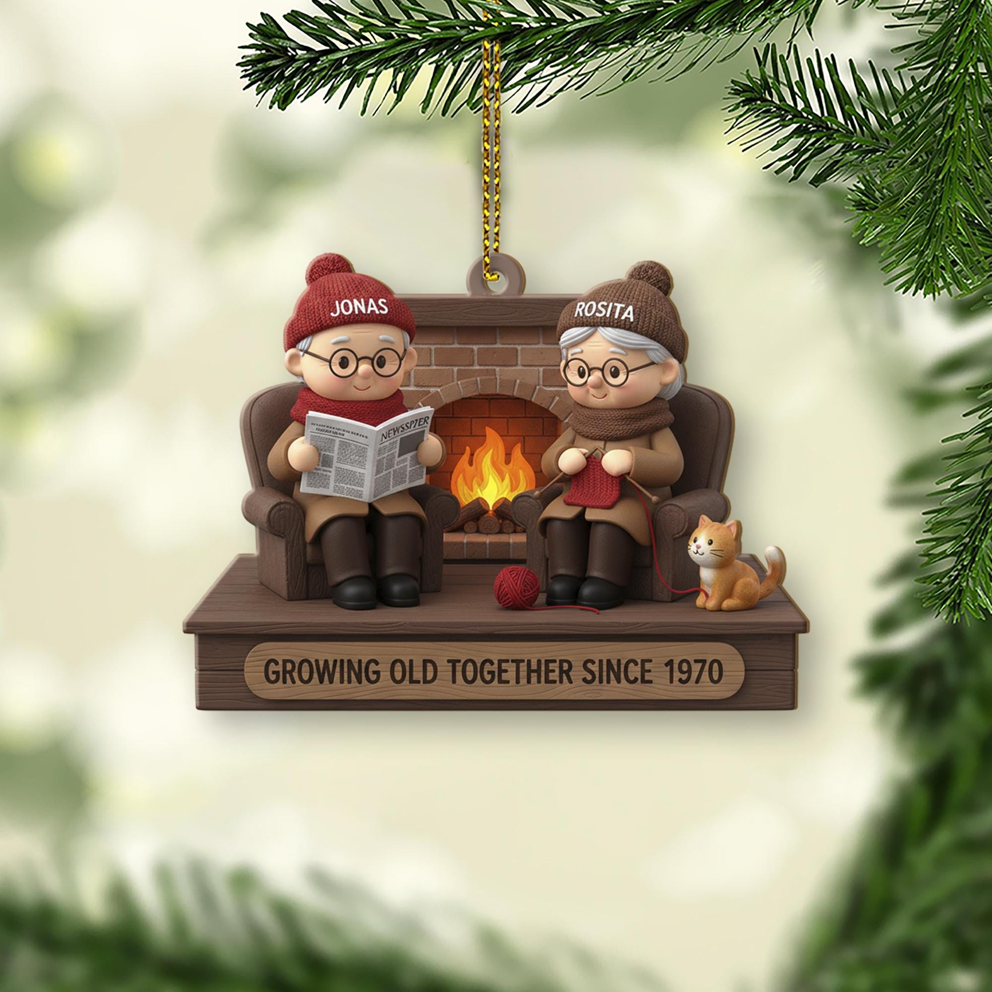 Personalized Couple Ornament – Fireplace Decoration with Growing Old Together Design, Custom Names and Year