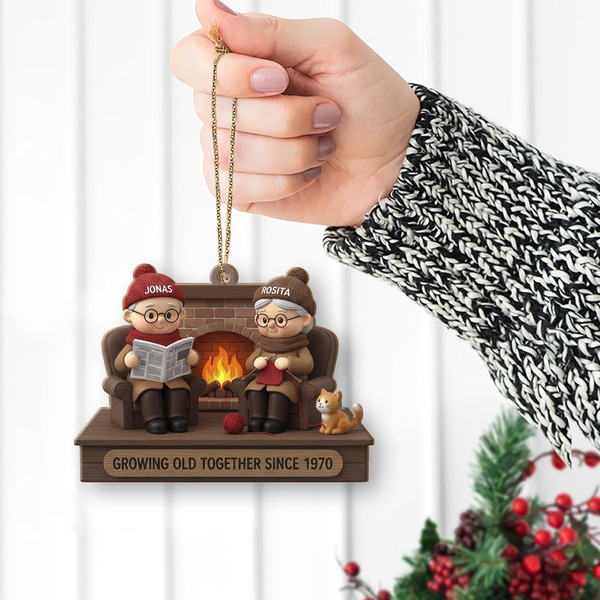 Personalized Couple Ornament – Fireplace Decoration with Growing Old Together Design, Custom Names and Year