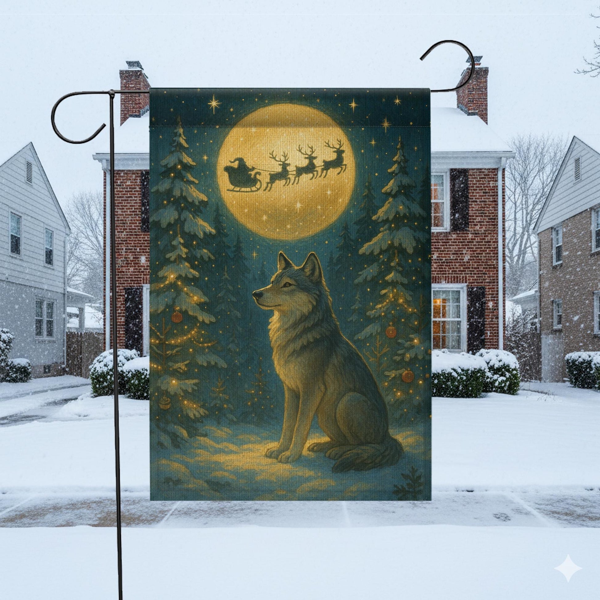 Christmas Wolf Garden Flag – Outdoor Yard Banner with Full Moon and Santa Sleigh Design
