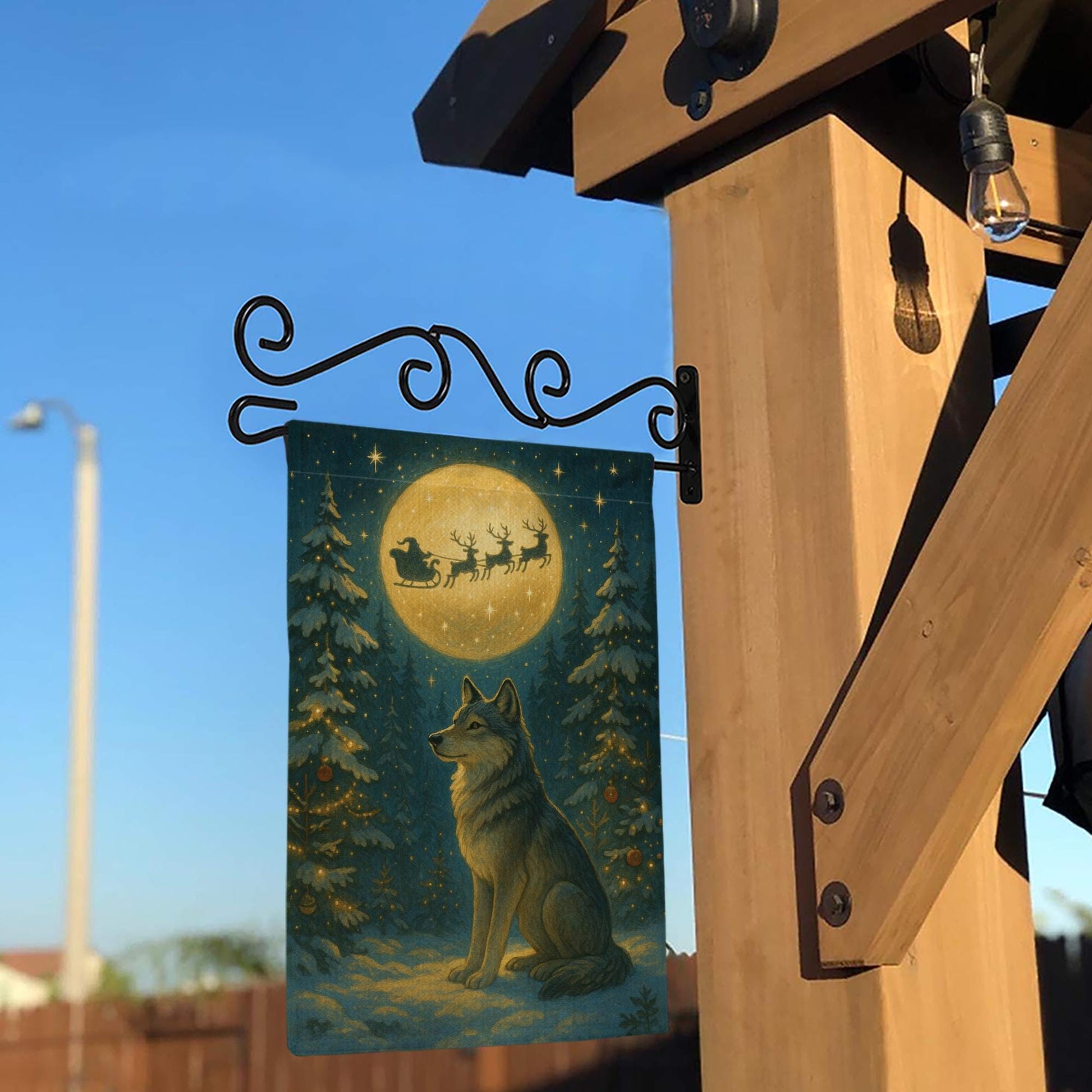 Christmas Wolf Garden Flag – Outdoor Yard Banner with Full Moon and Santa Sleigh Design