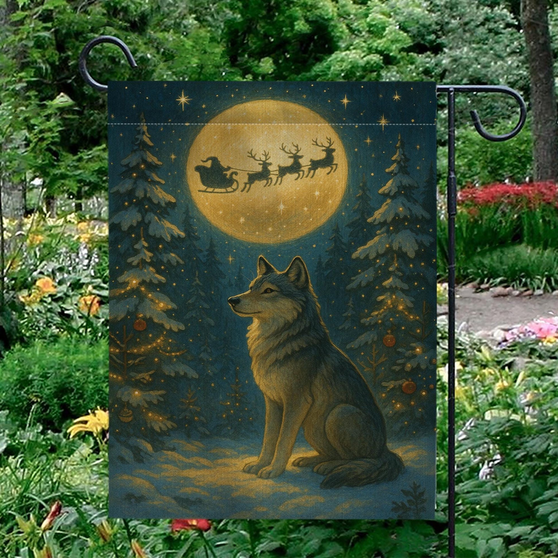 Christmas Wolf Garden Flag – Outdoor Yard Banner with Full Moon and Santa Sleigh Design